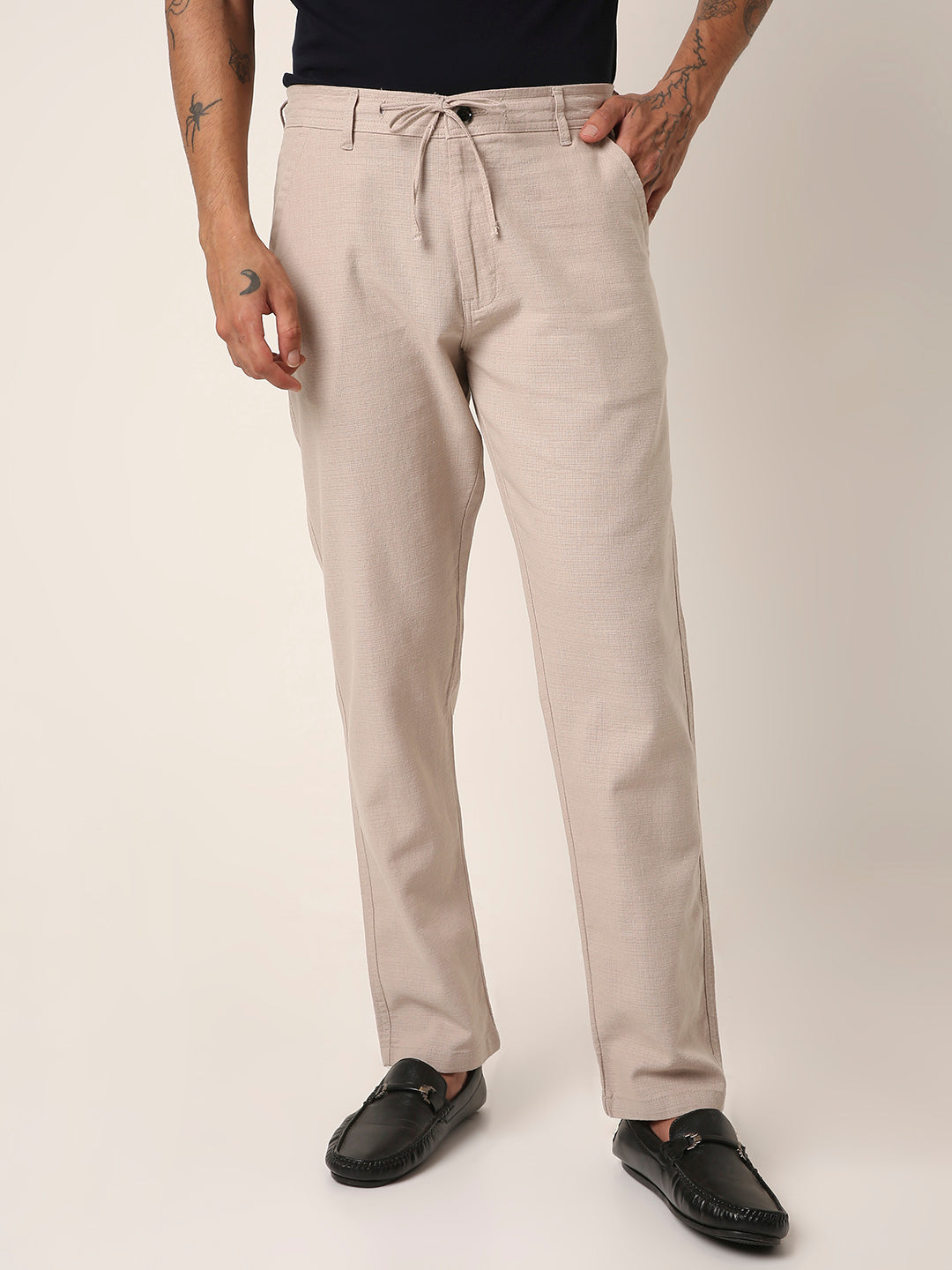 Cream Drawstring Casual Trousers
