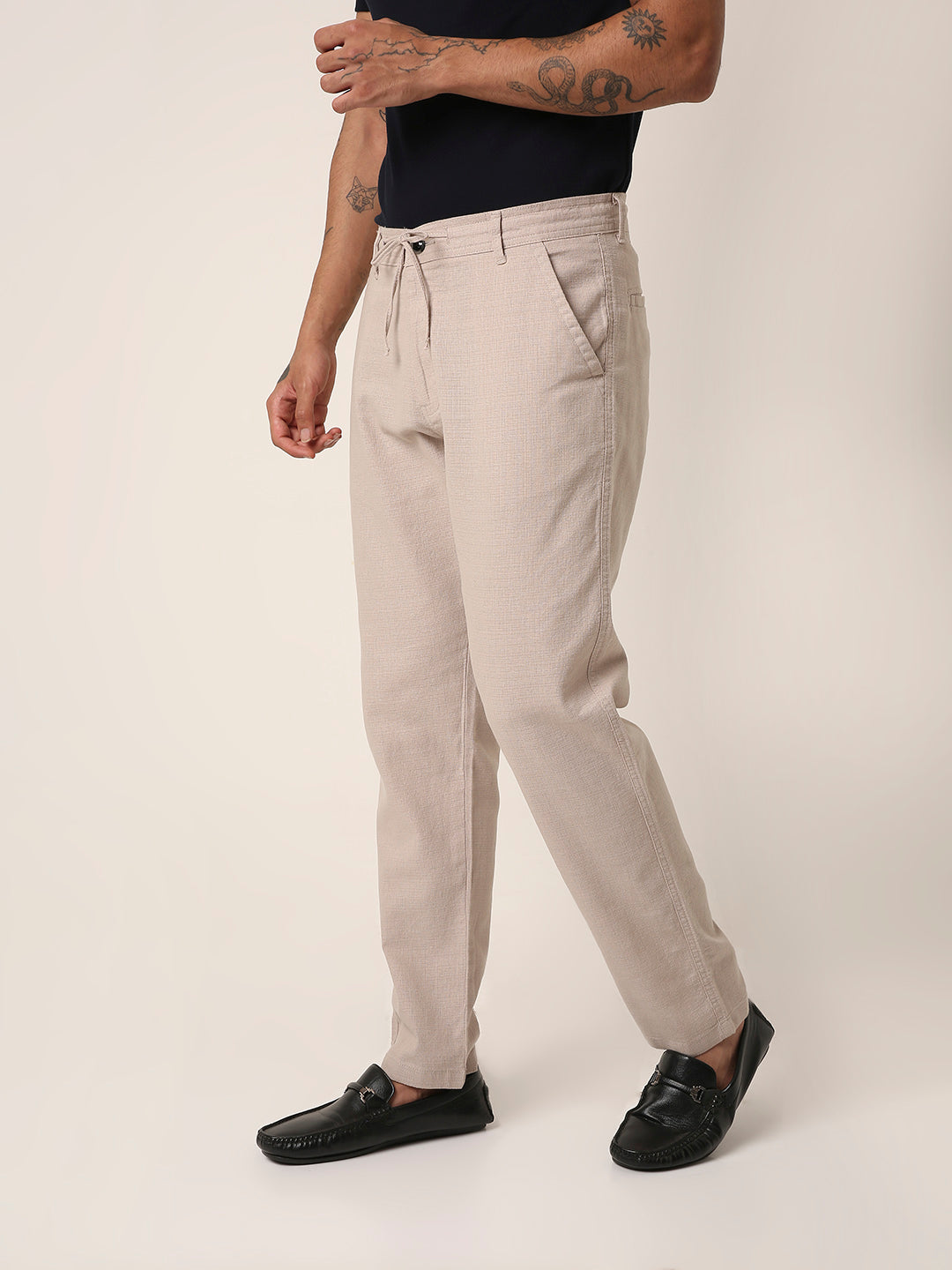 Cream Drawstring Casual Trousers