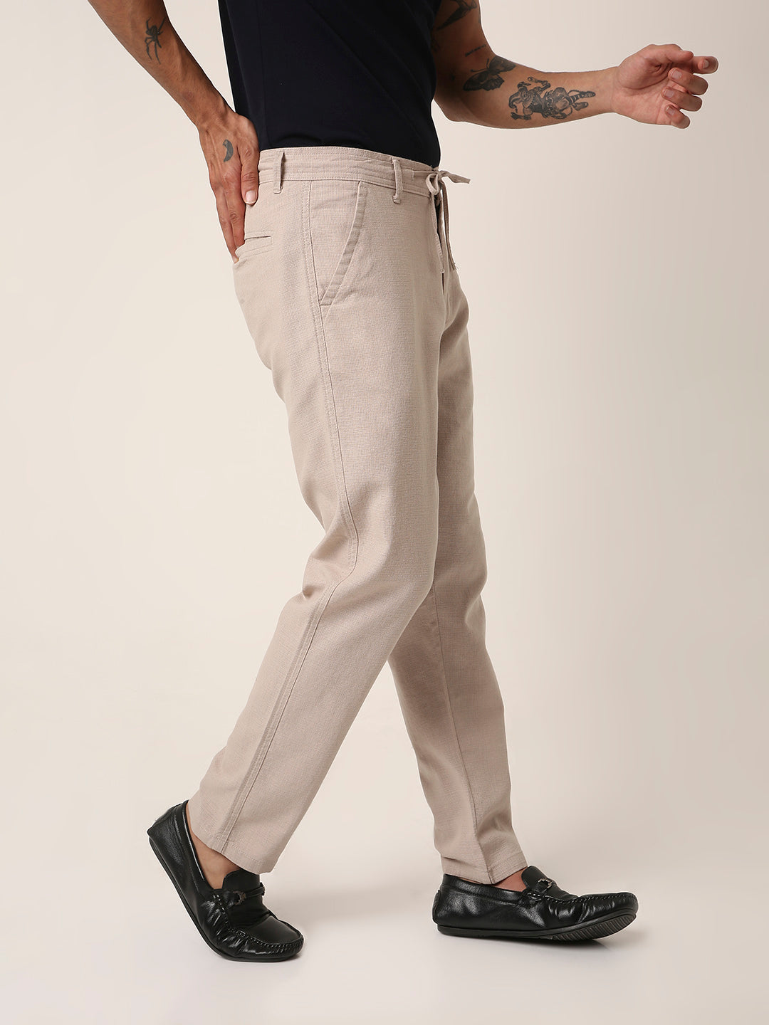 Cream Drawstring Casual Trousers