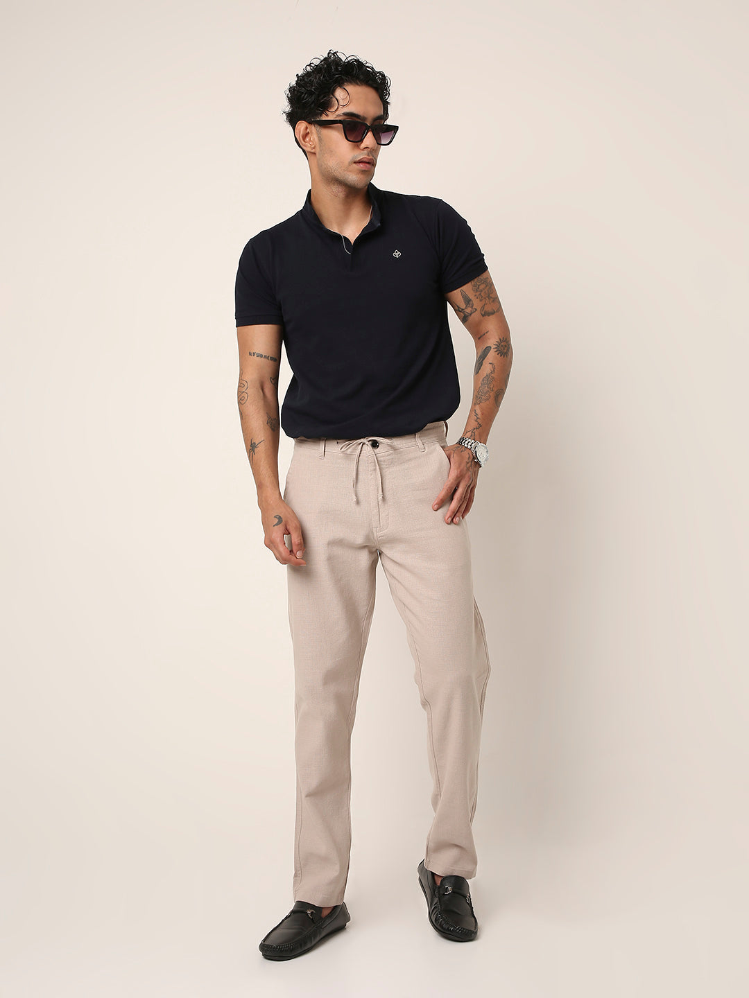 Cream Drawstring Casual Trousers