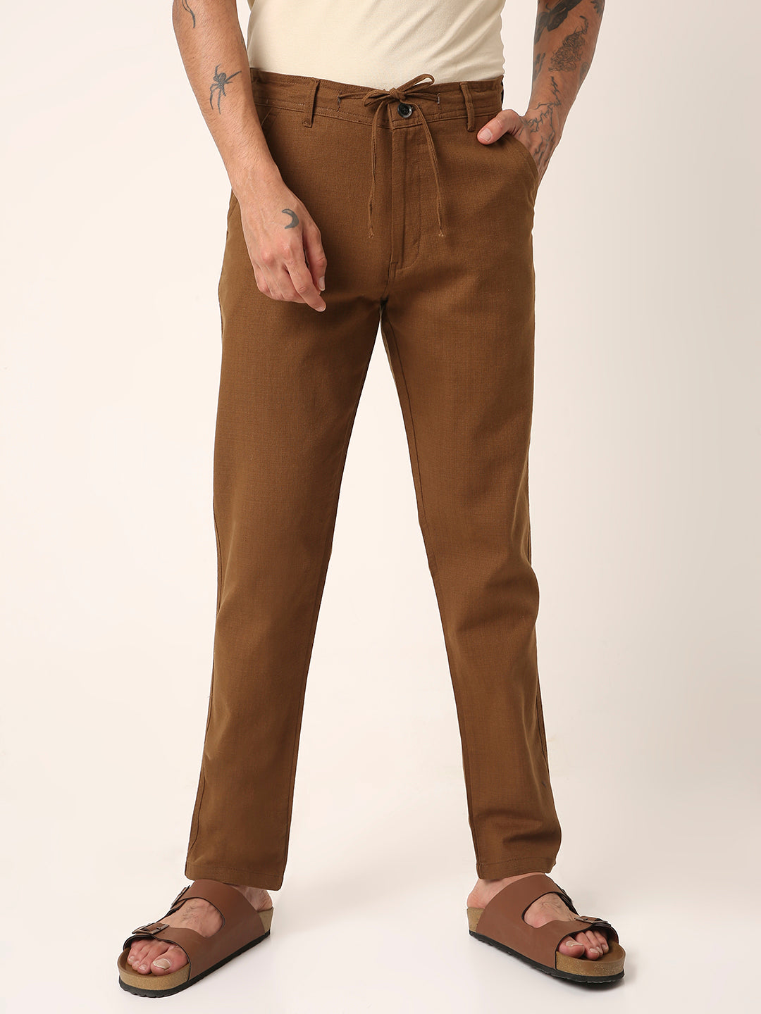 Khaki Drawstring Casual Trousers