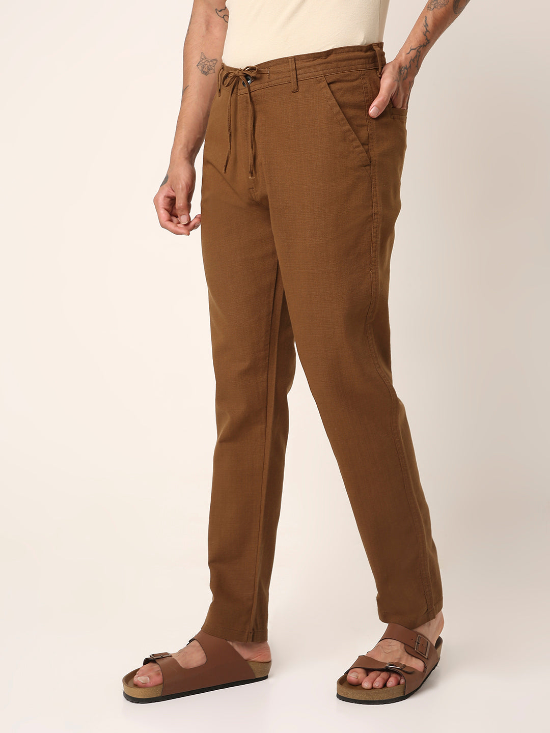 Khaki Drawstring Casual Trousers