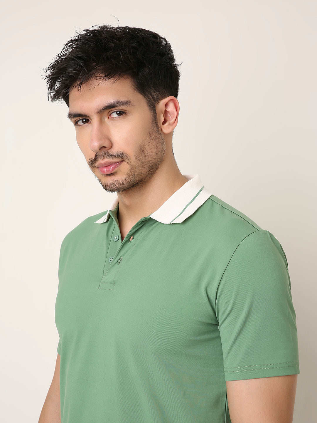 Green Polo T-Shirt with Contrast Collar