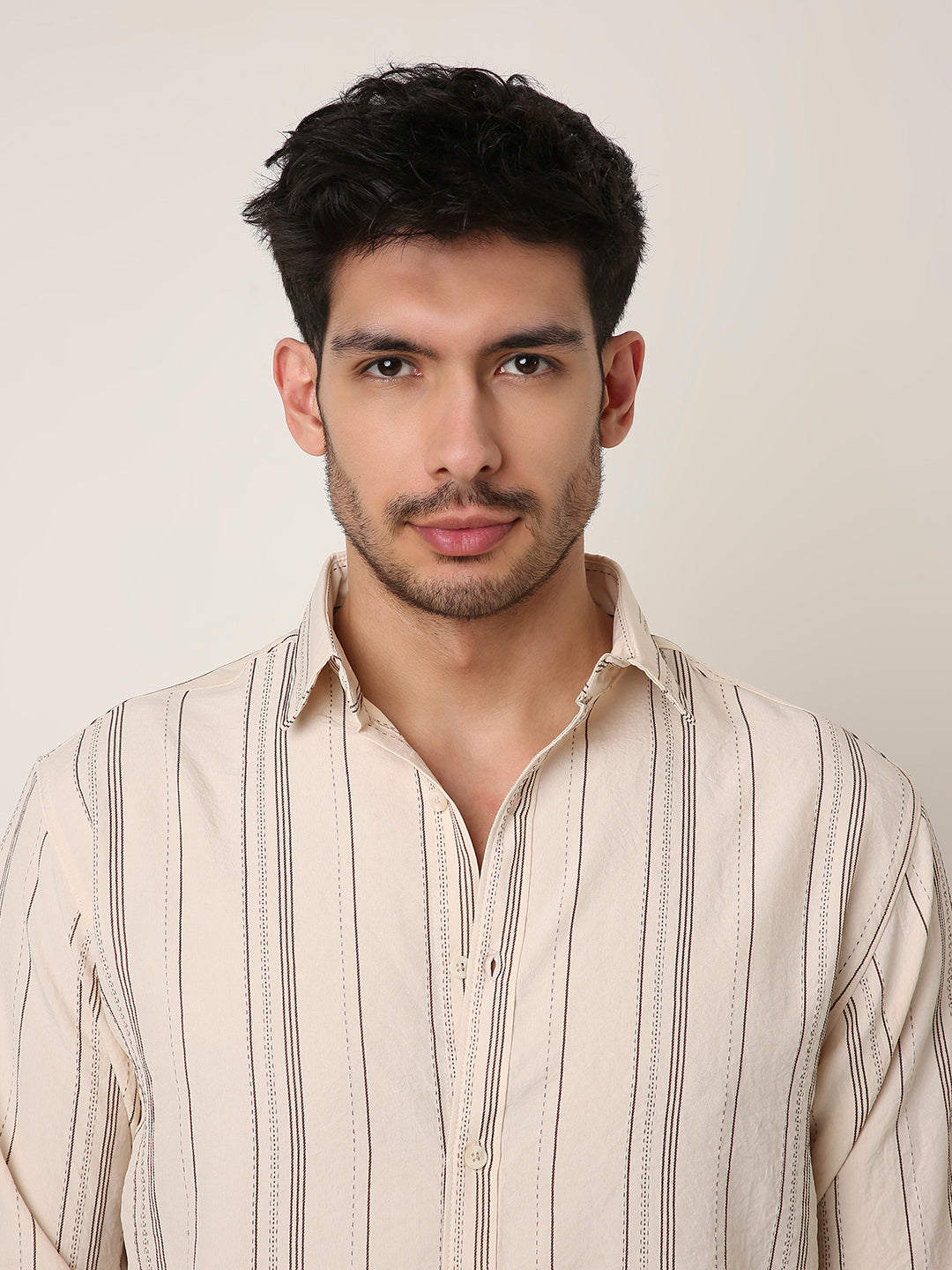 CREAM SLEEK STRIPED CASUAL SHIRT