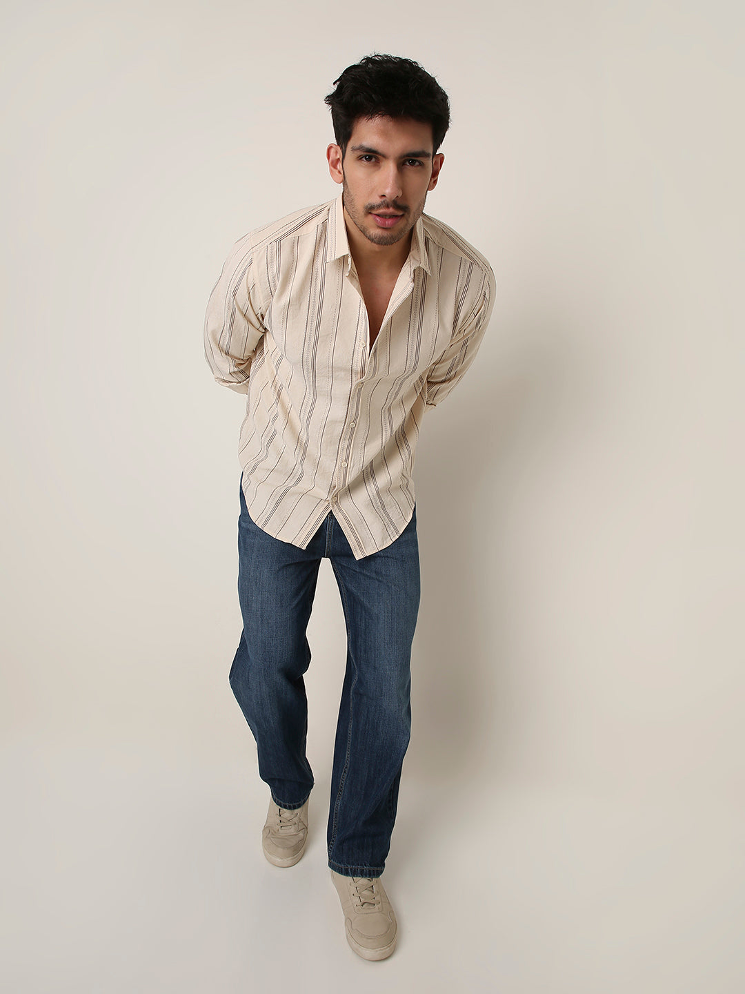 CREAM SLEEK STRIPED CASUAL SHIRT