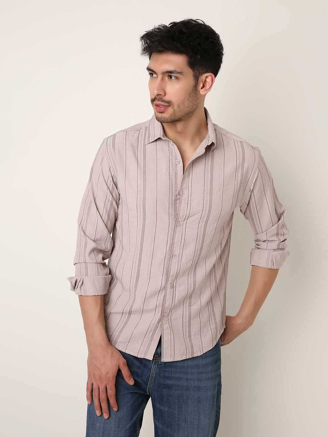 KHAKI SLEEK STRIPED CASUAL SHIRT