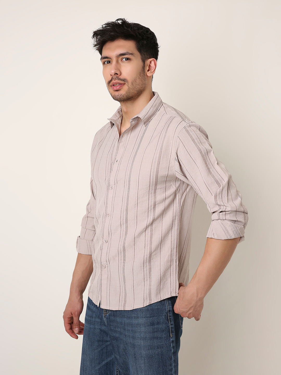 KHAKI SLEEK STRIPED CASUAL SHIRT