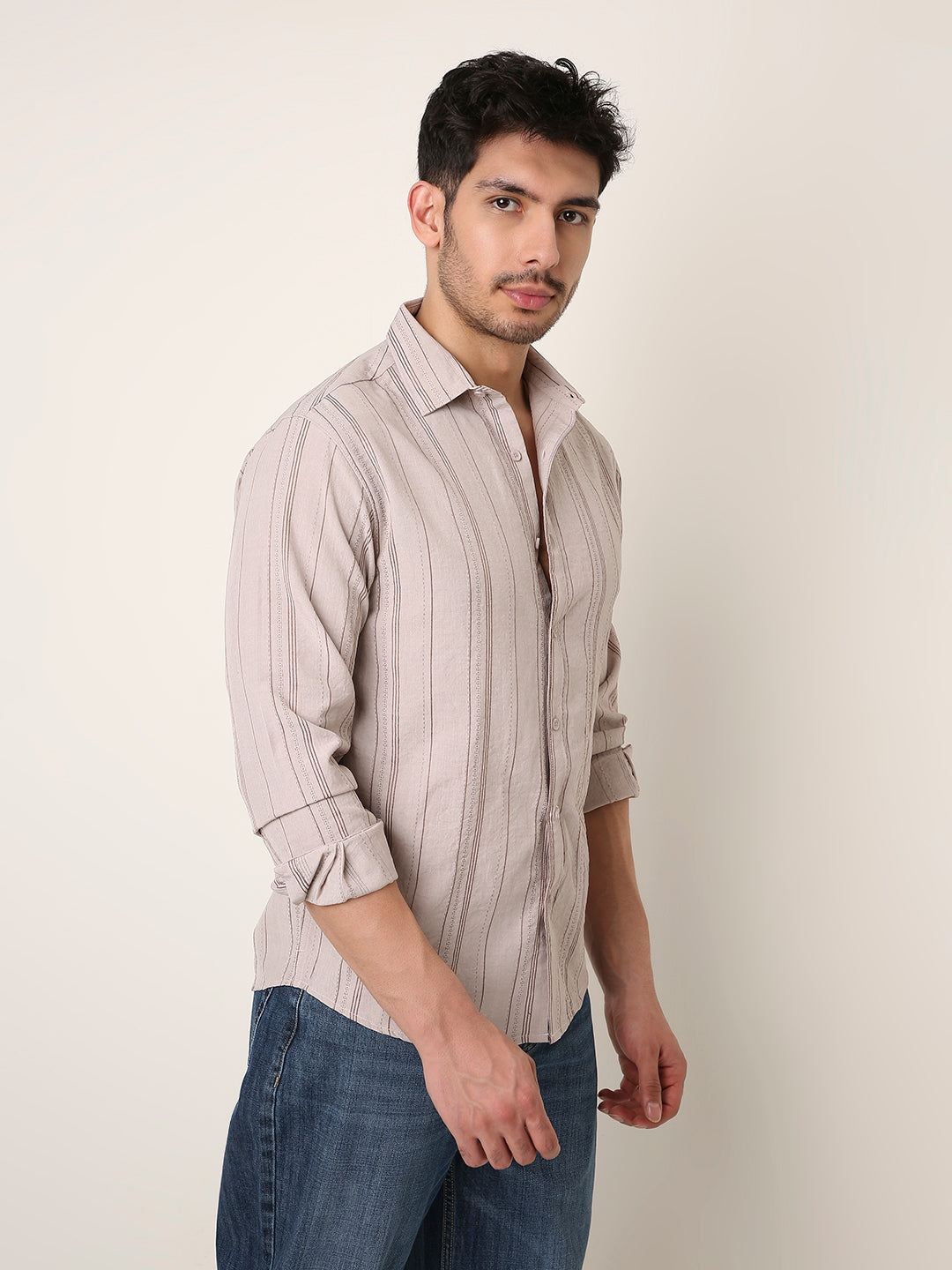 KHAKI SLEEK STRIPED CASUAL SHIRT