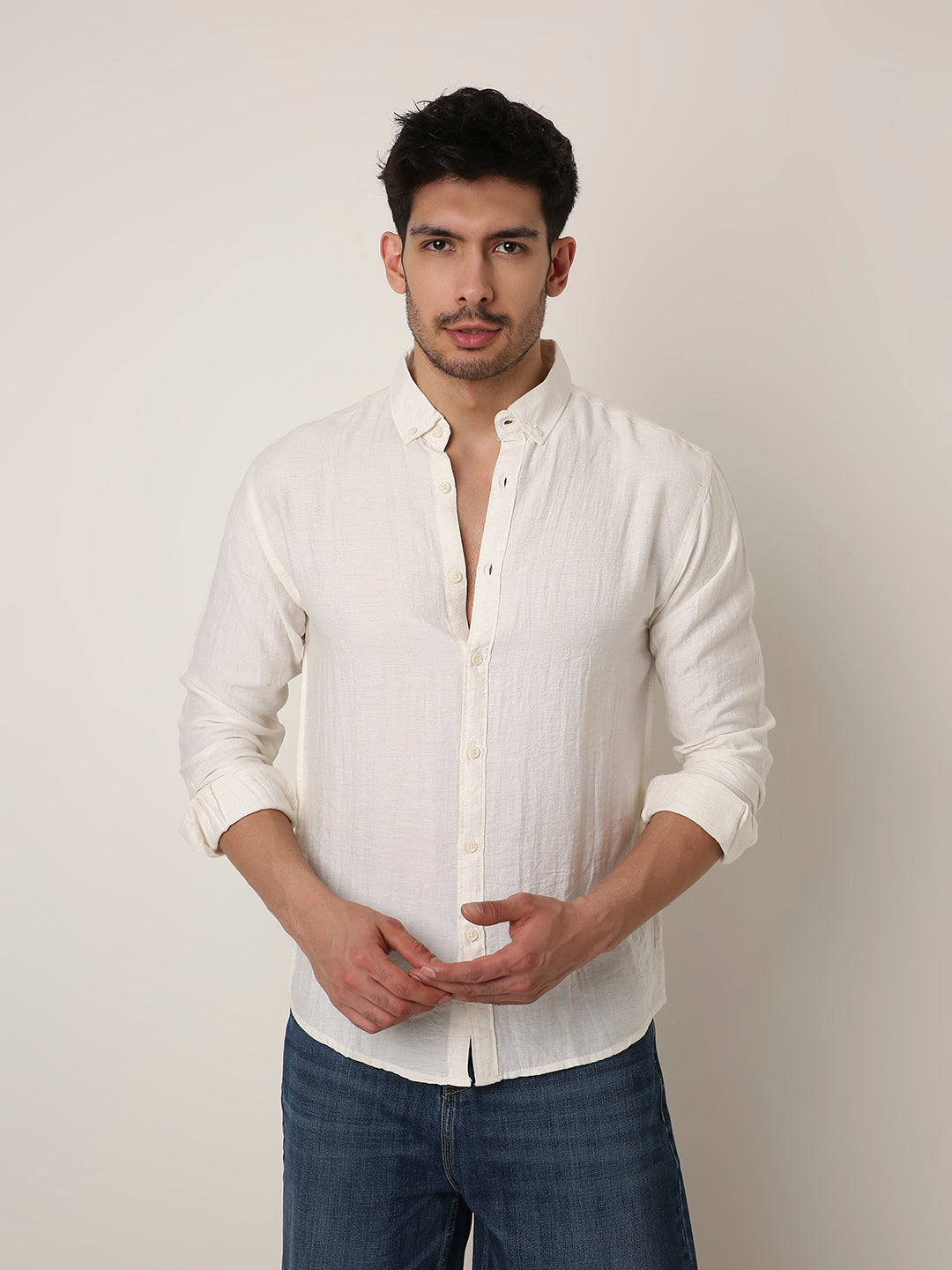 NATURAL WHITE PREMIUM LINEN BLEND SHIRT