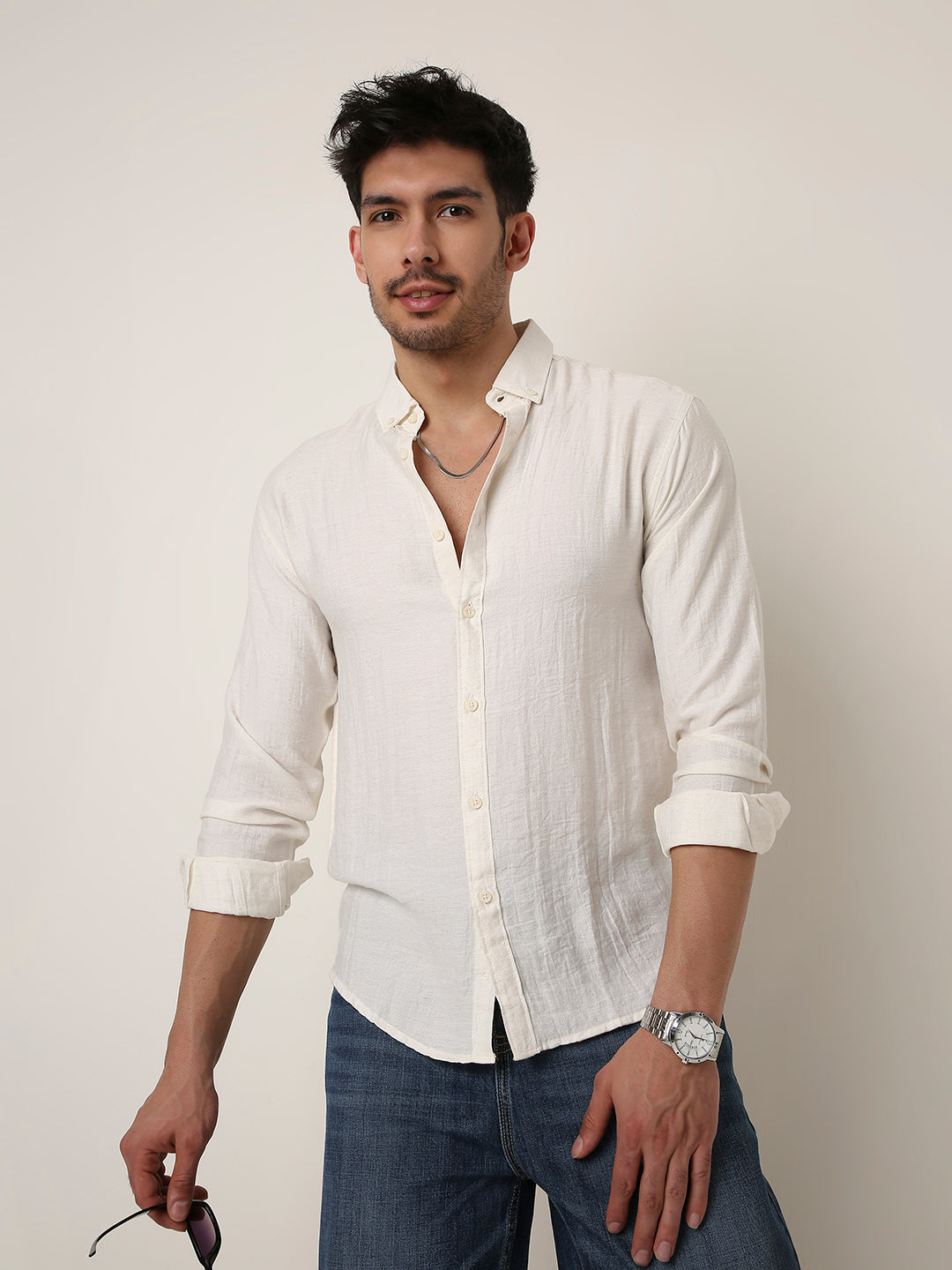NATURAL WHITE PREMIUM LINEN BLEND SHIRT