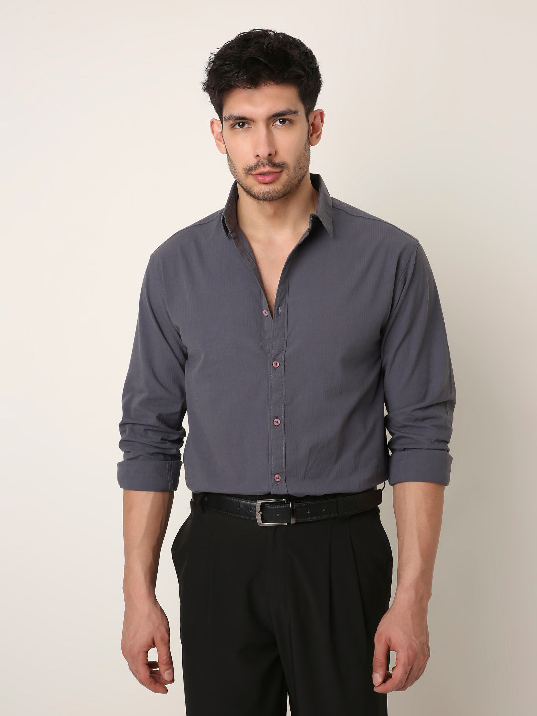 CHARCOAL GRAY SELF STRIPED SHIRT