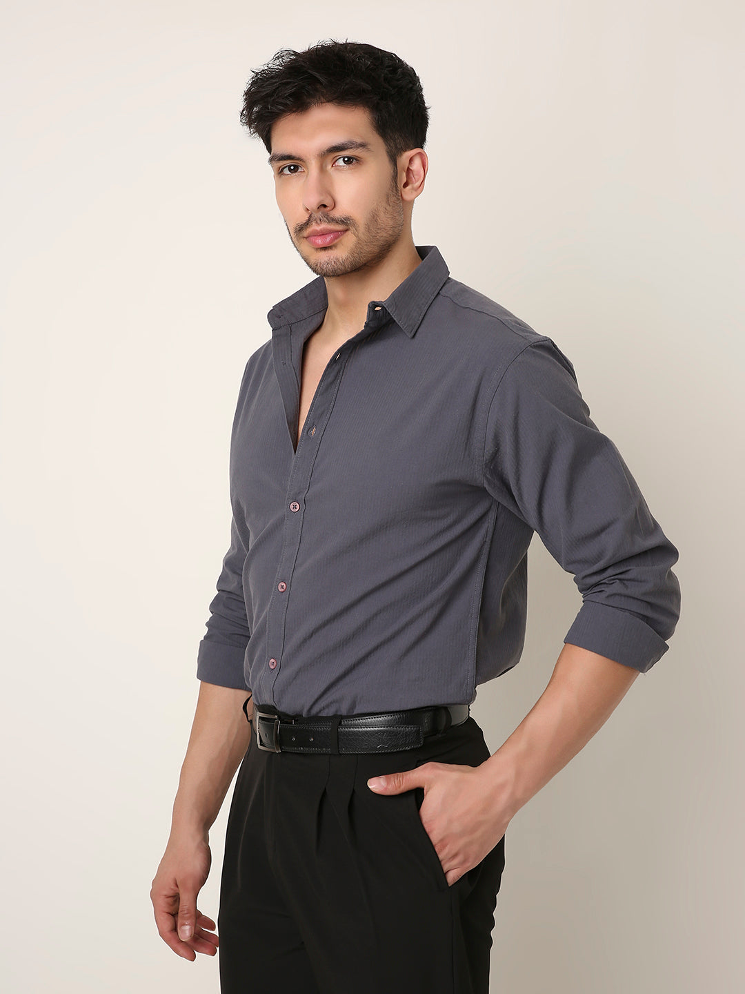 CHARCOAL GRAY SELF STRIPED SHIRT