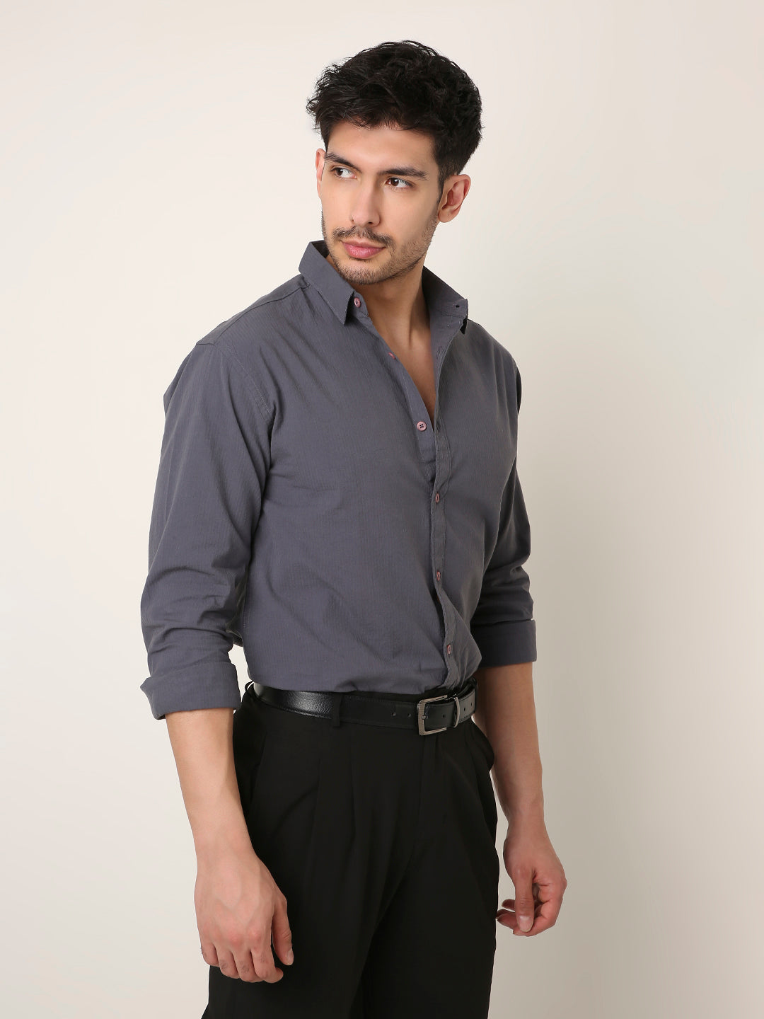 CHARCOAL GRAY SELF STRIPED SHIRT