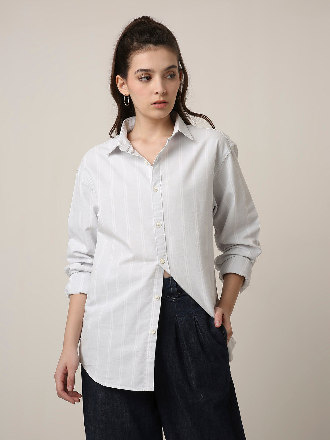 Grey Oxford Striped Oversized Shirt