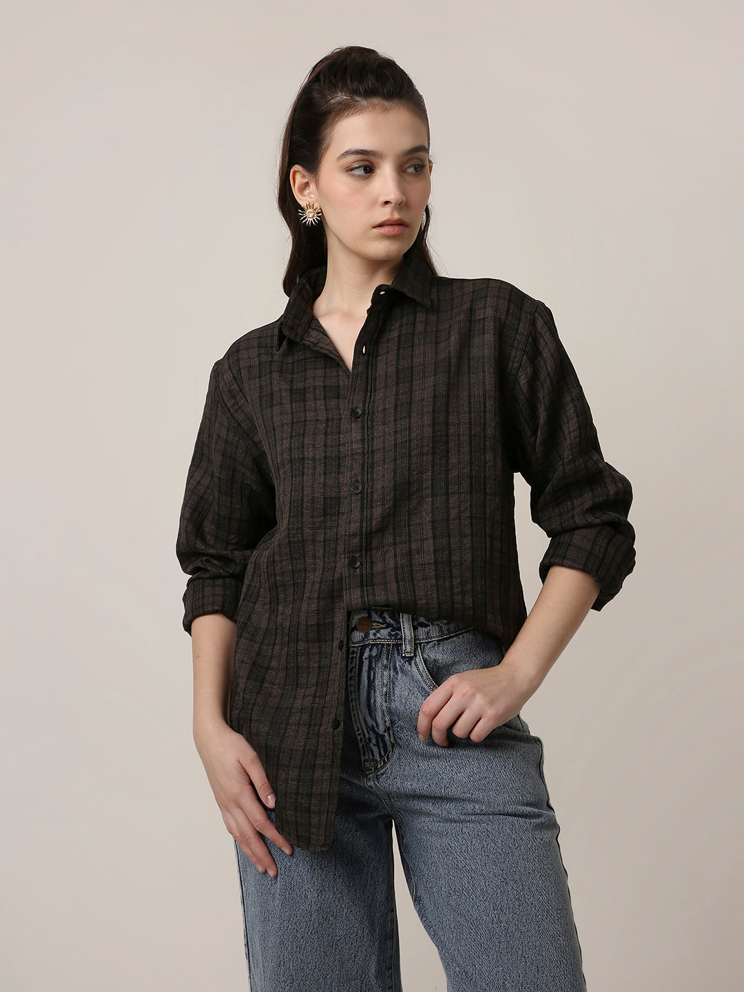 Dark Khaki Checked Oversized Shirt