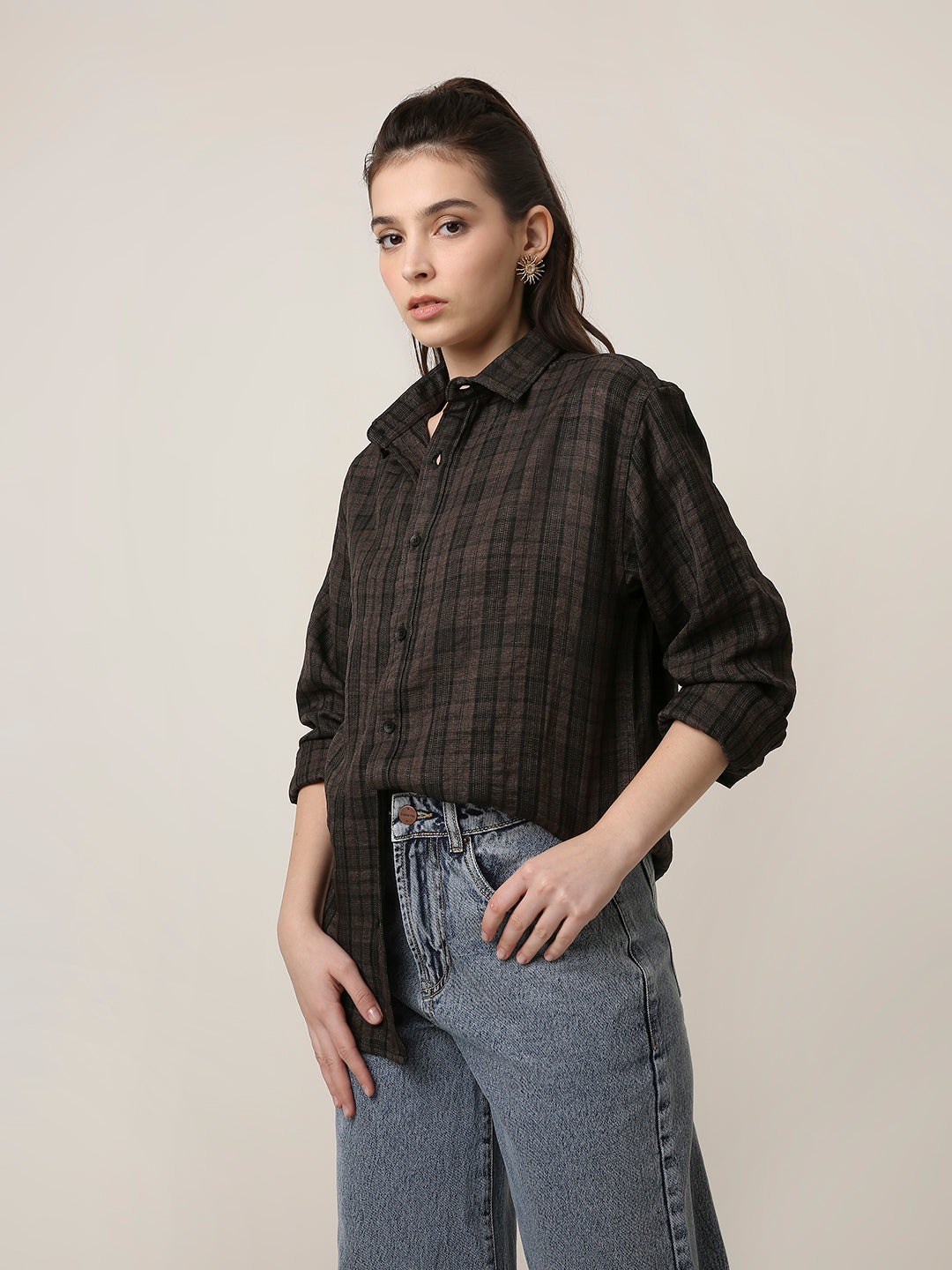 Dark Khaki Checked Oversized Shirt