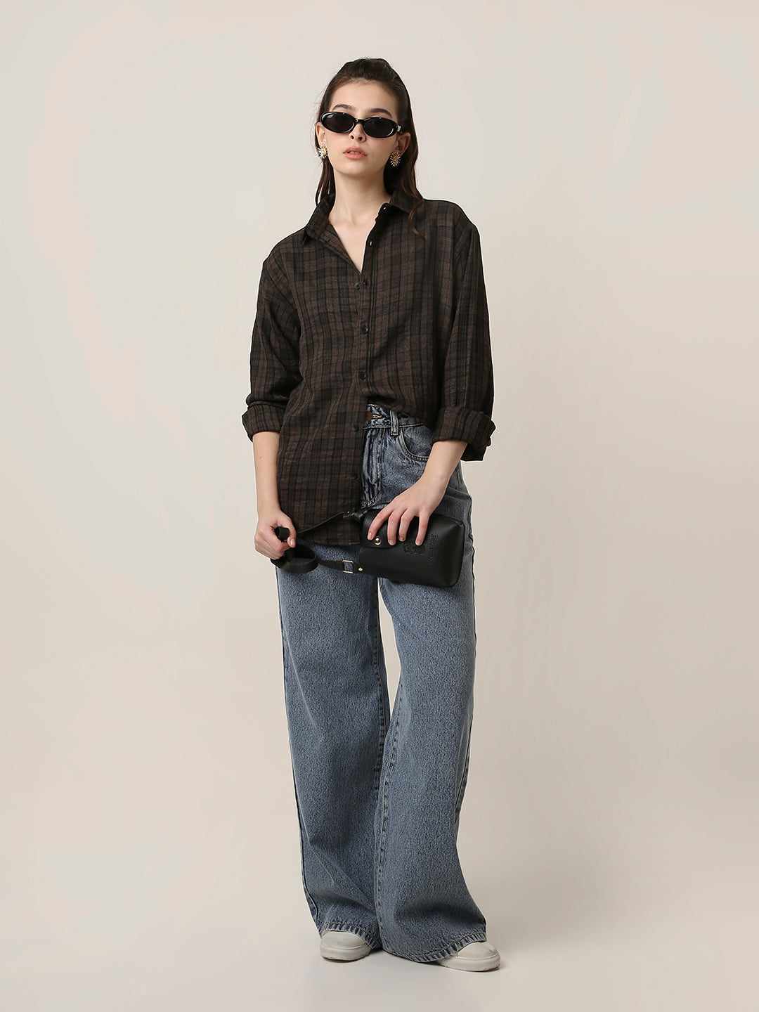 Dark Khaki Checked Oversized Shirt