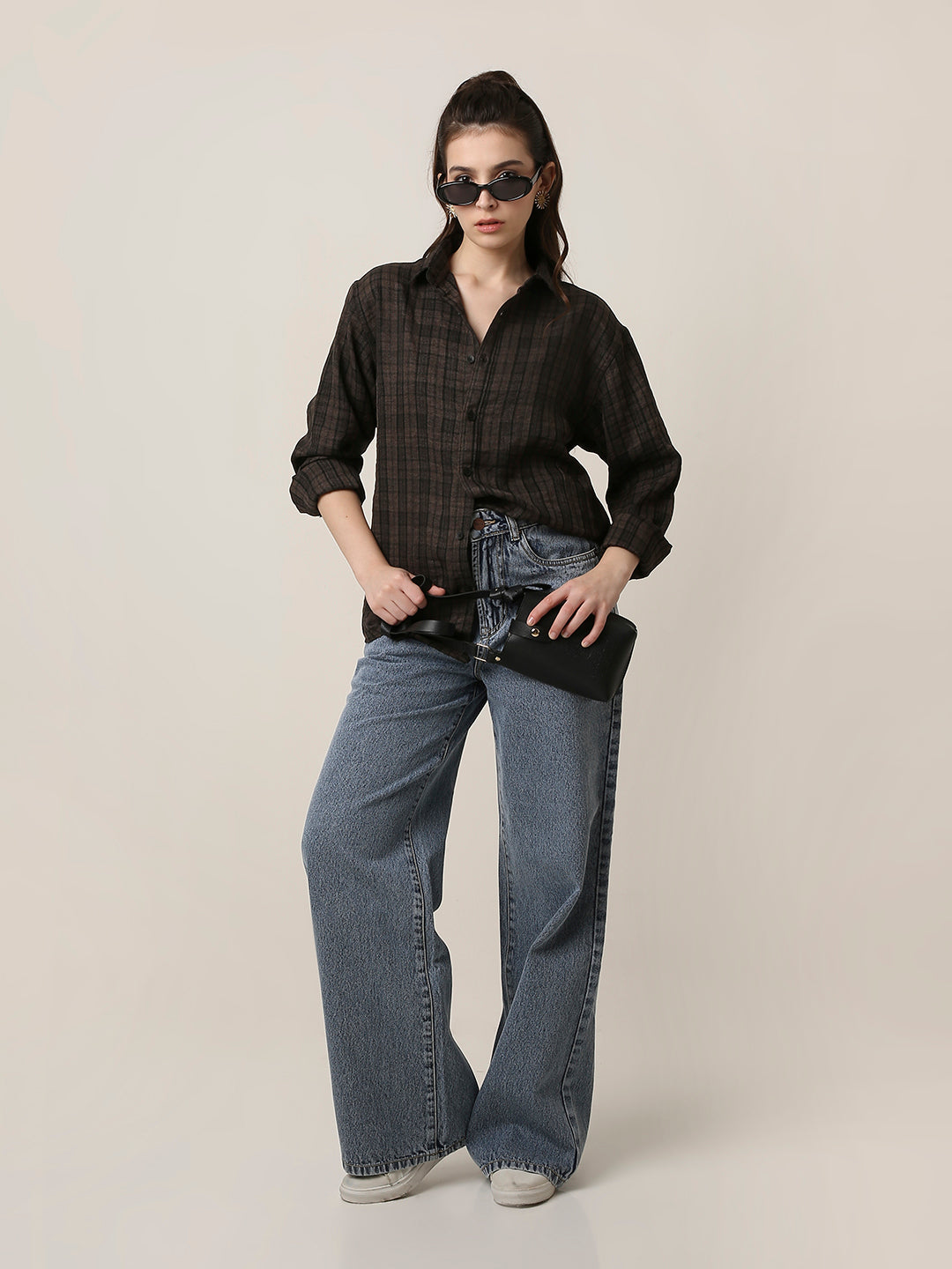 Dark Khaki Checked Oversized Shirt