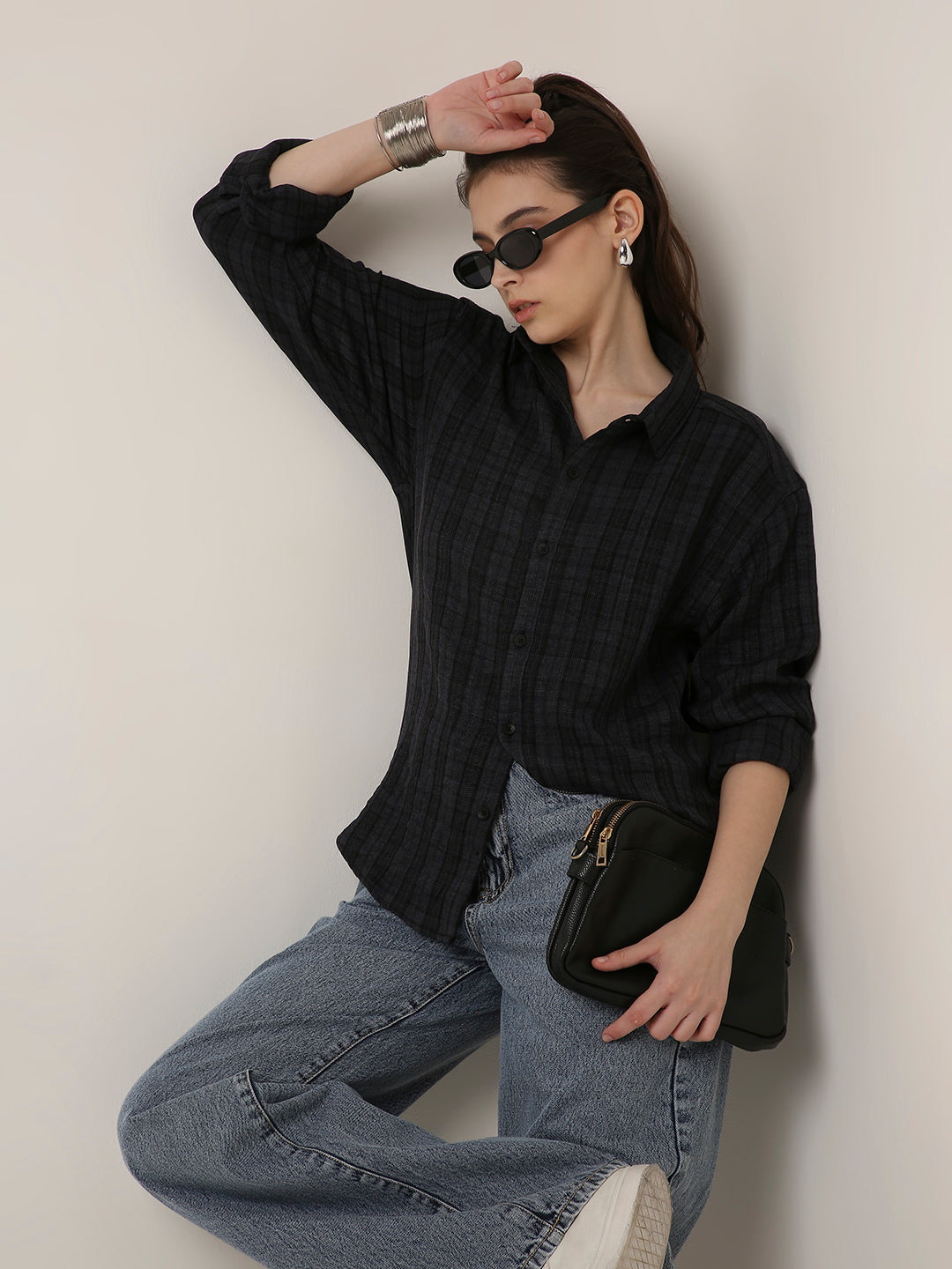 Dark Grey Checked Oversized Shirt