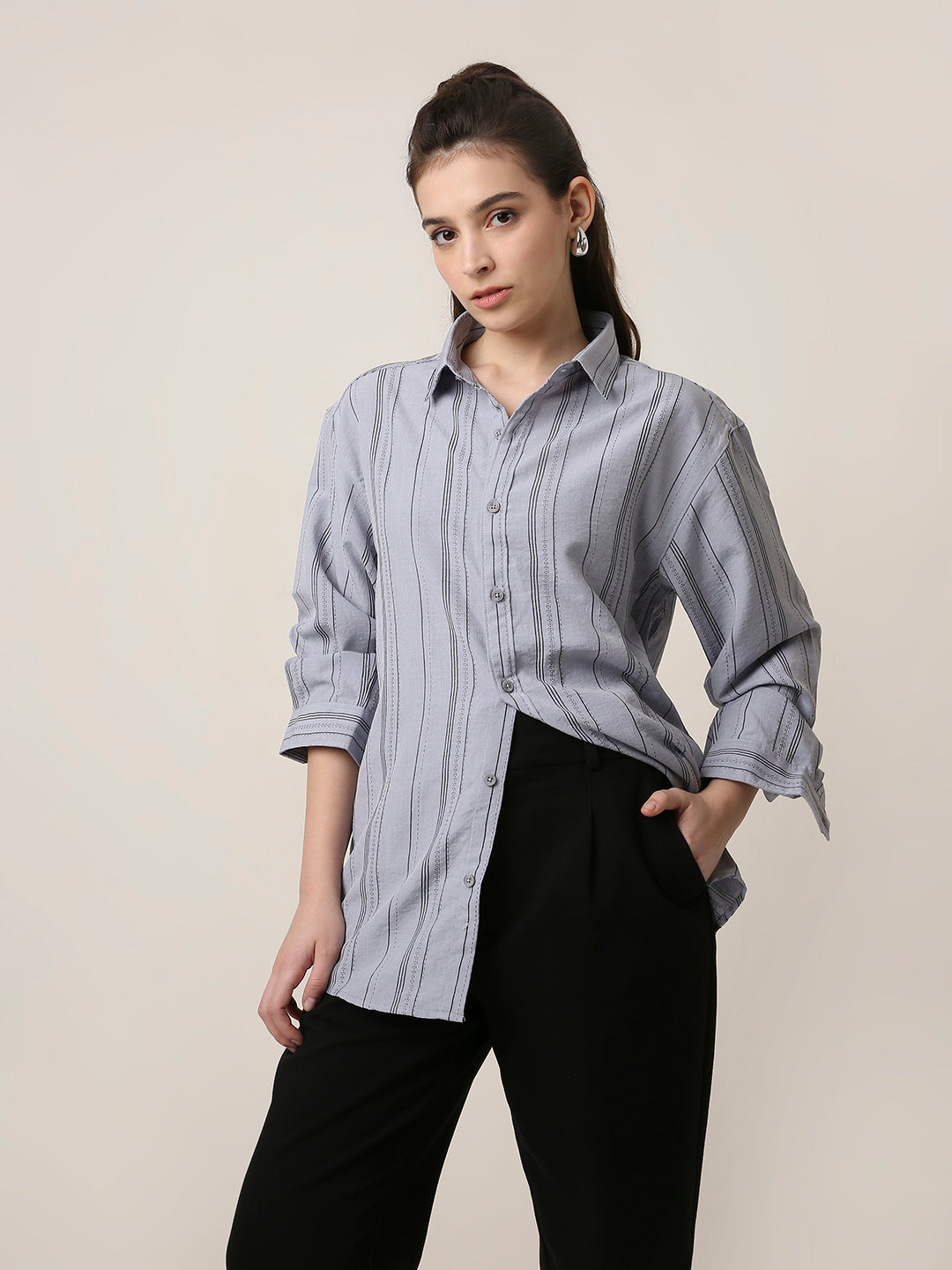 Grey Textured Stripe Oversized Shirt