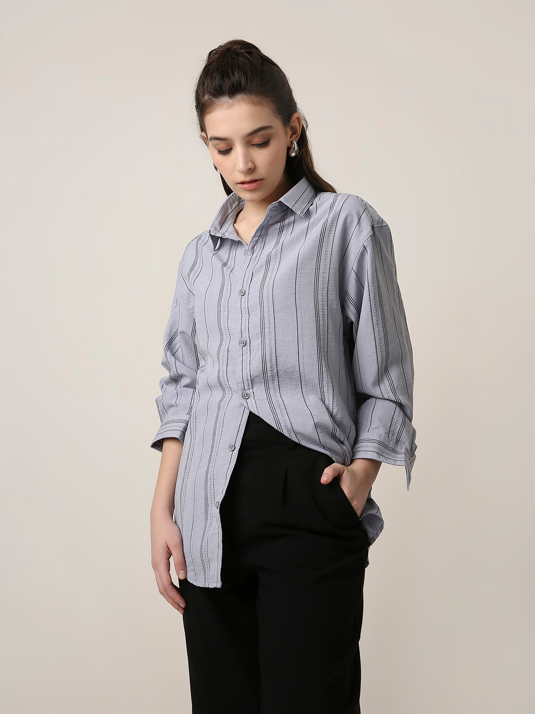 Grey Textured Stripe Oversized Shirt