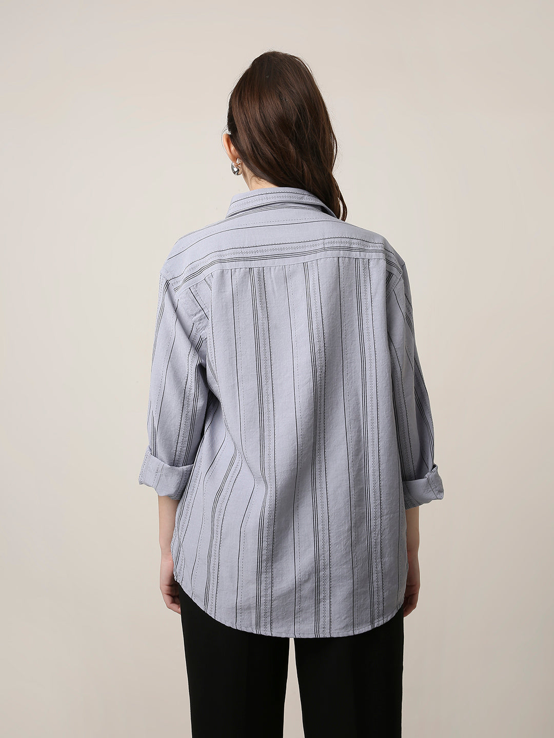 Grey Textured Stripe Oversized Shirt