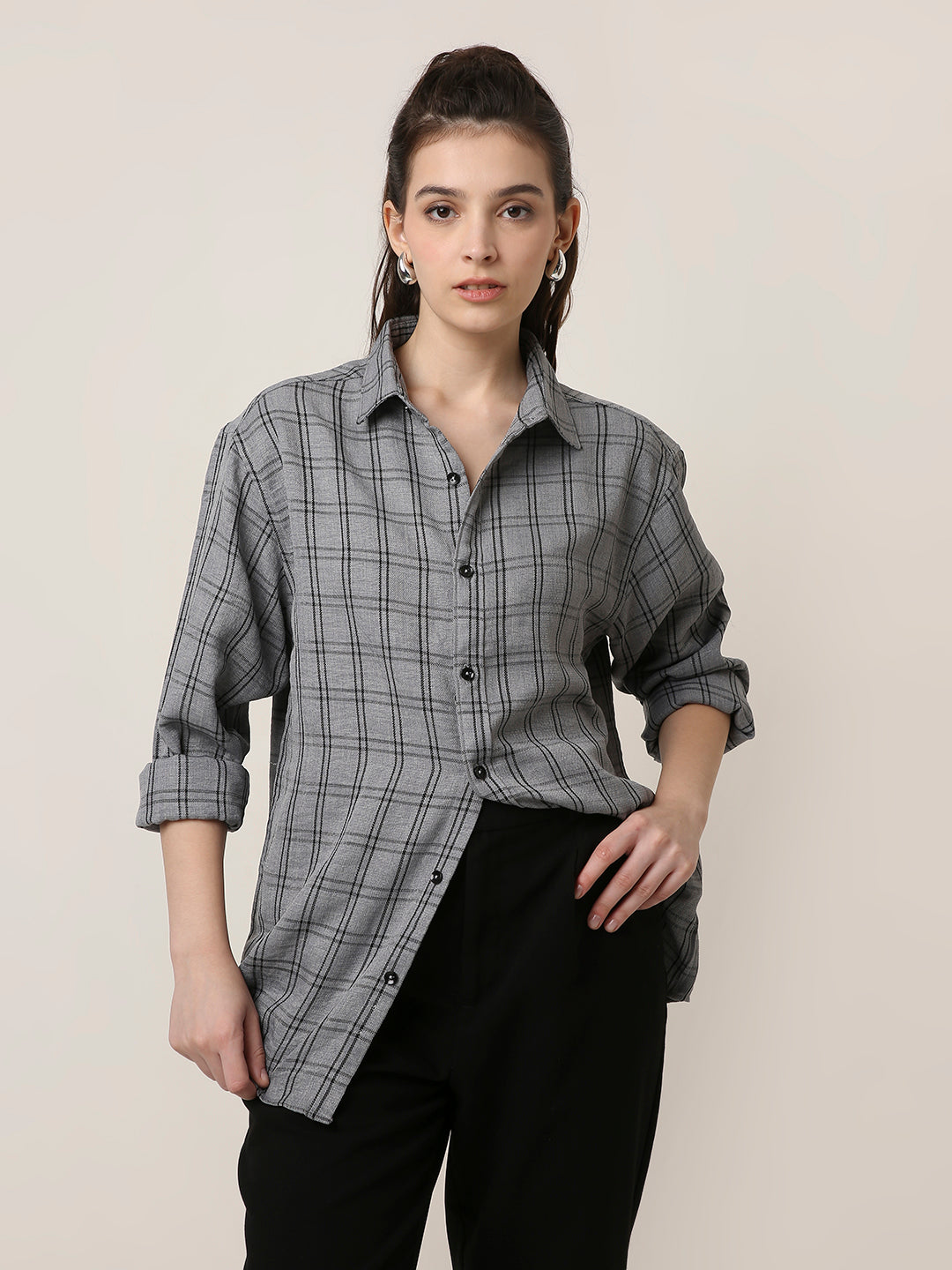 Grey Checked Oversized Casual Shirt