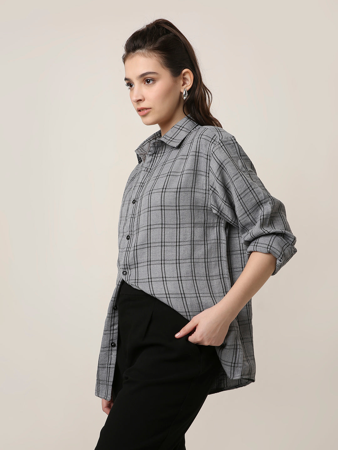 Grey Checked Oversized Casual Shirt