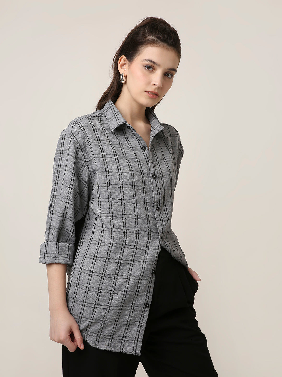 Grey Checked Oversized Casual Shirt