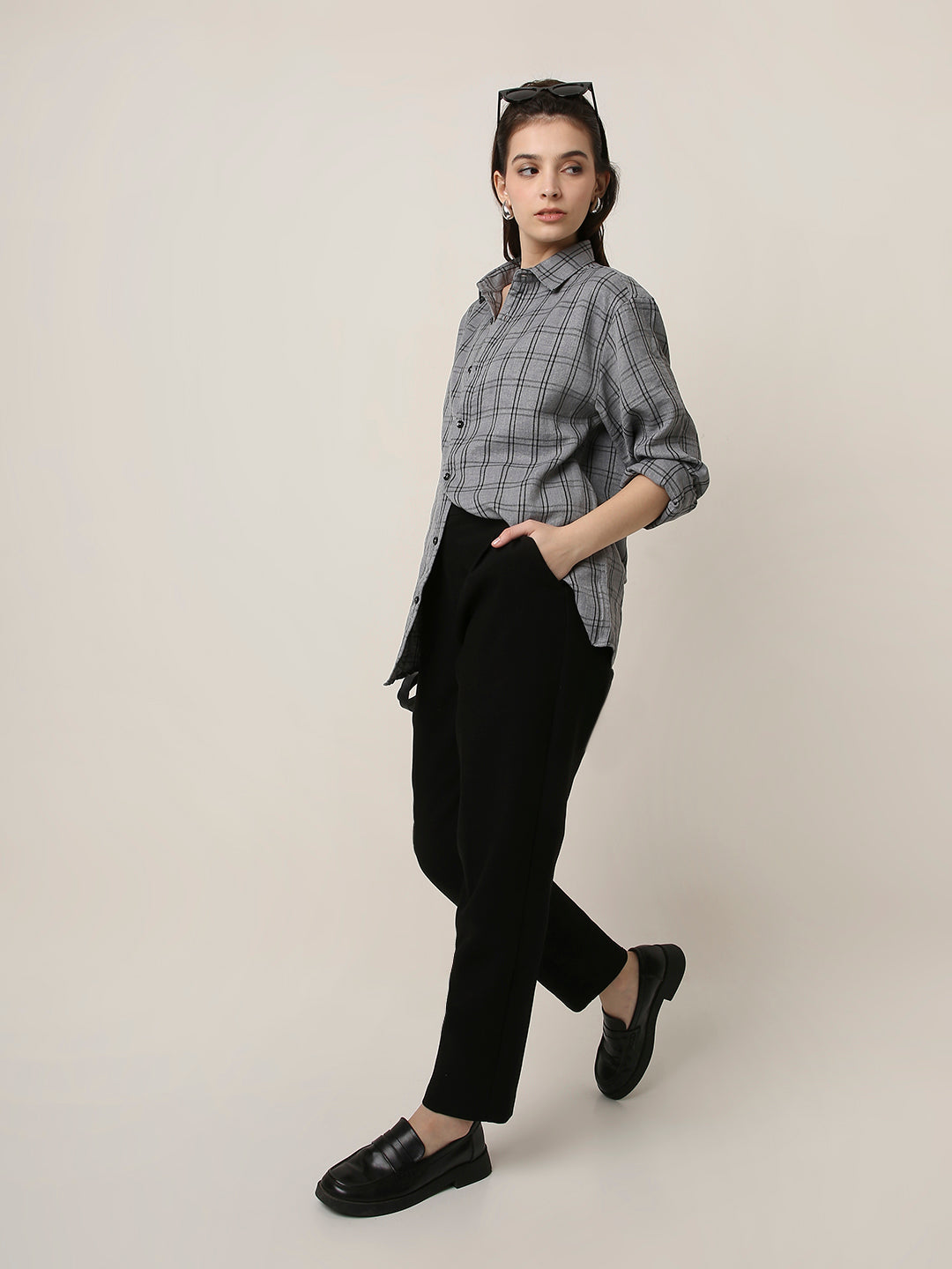 Grey Checked Oversized Casual Shirt