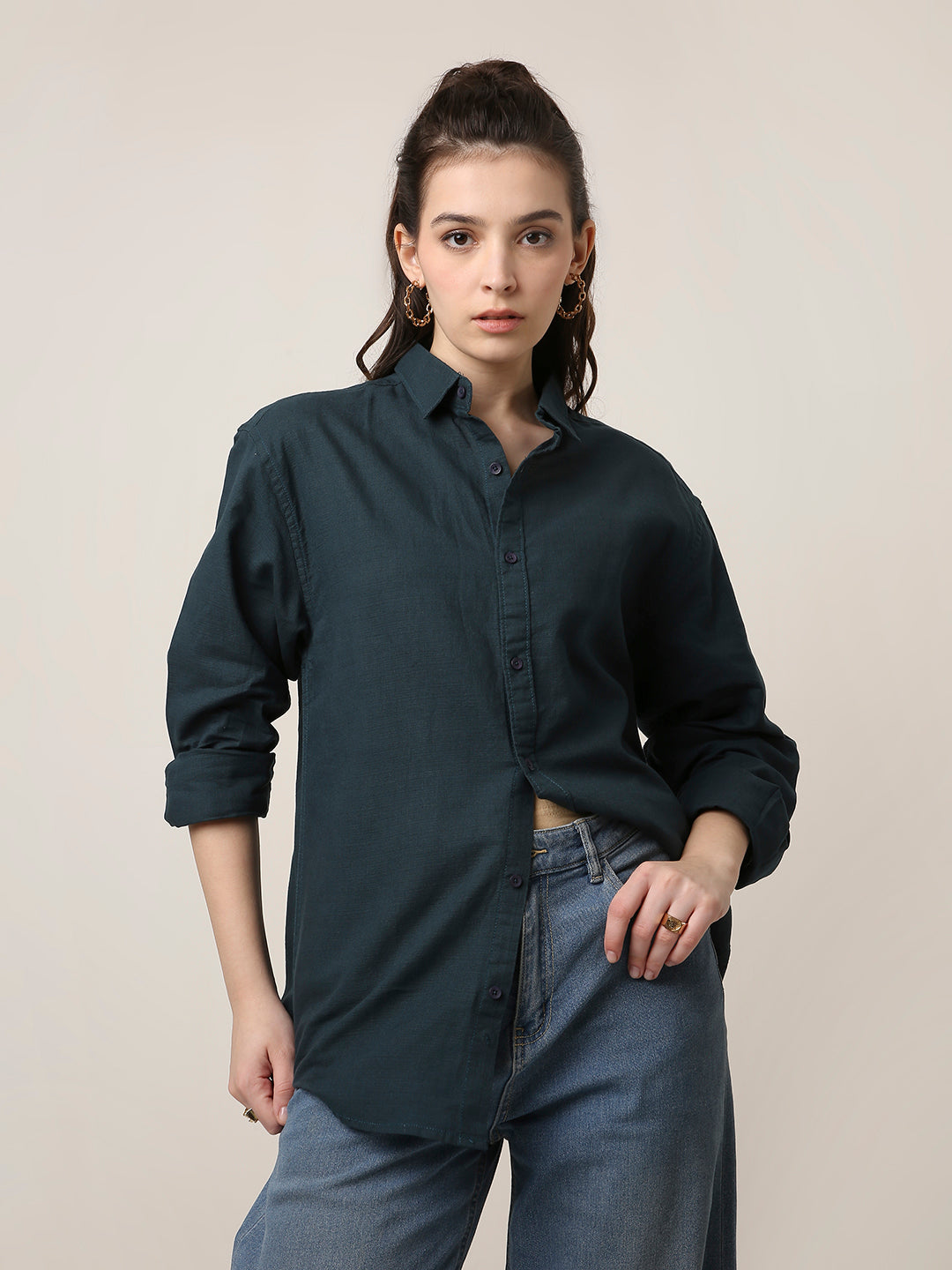 Dark Teal Solid Oversized Casual Shirt