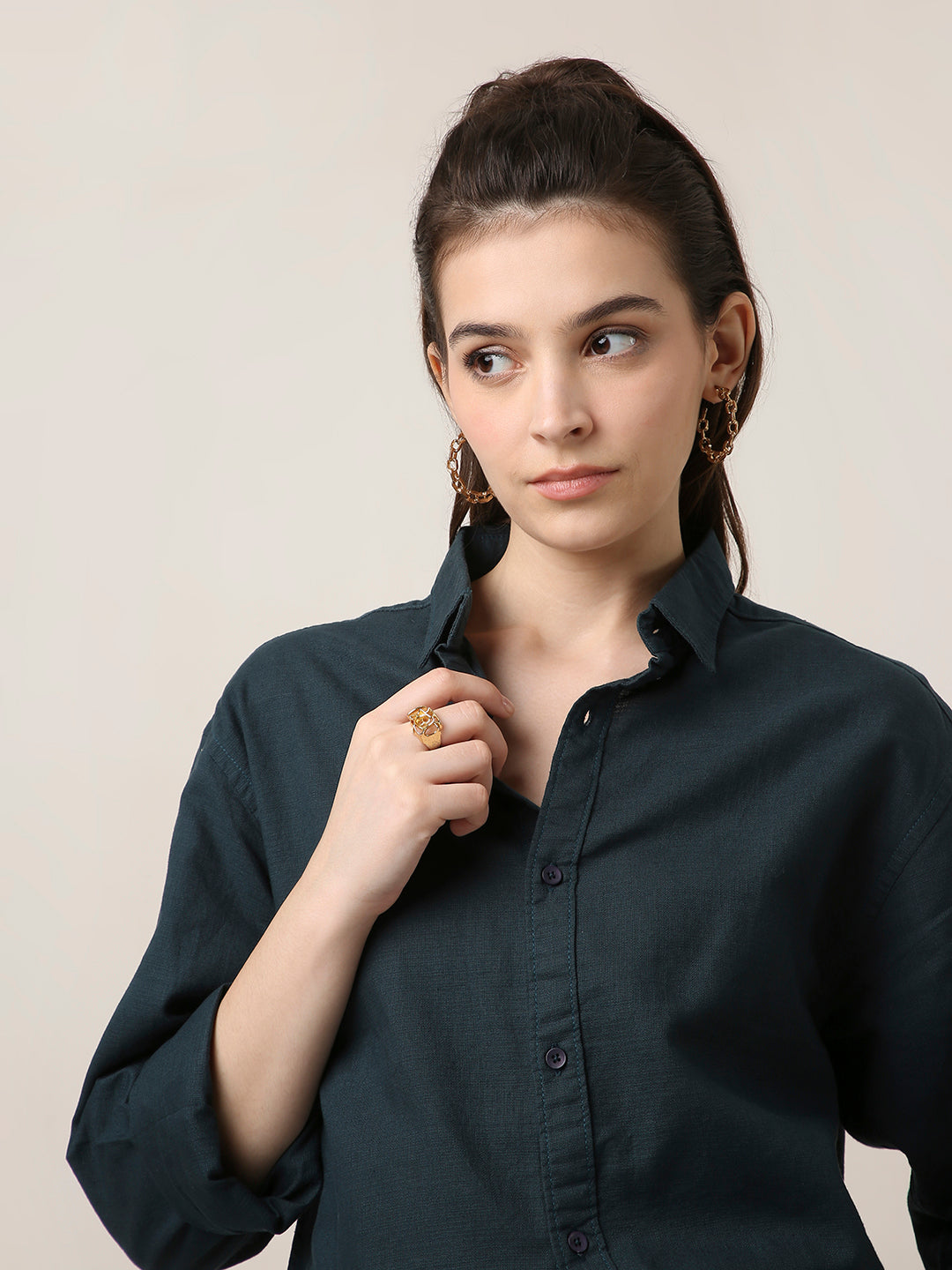 Dark Teal Solid Oversized Casual Shirt