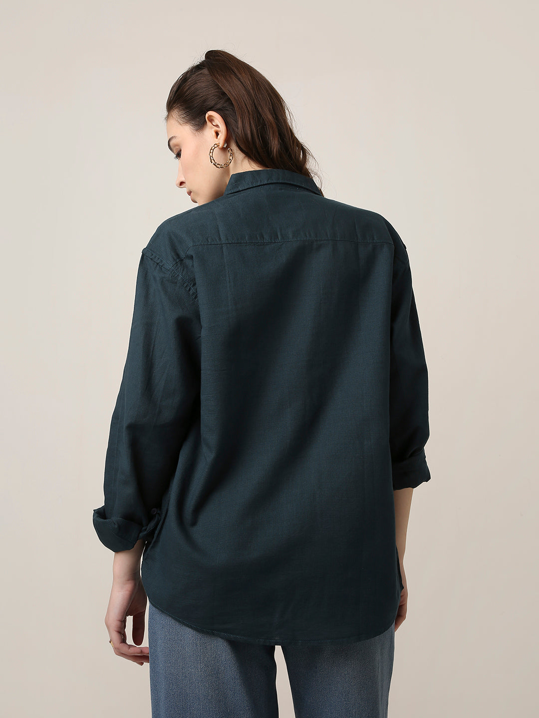 Dark Teal Solid Oversized Casual Shirt