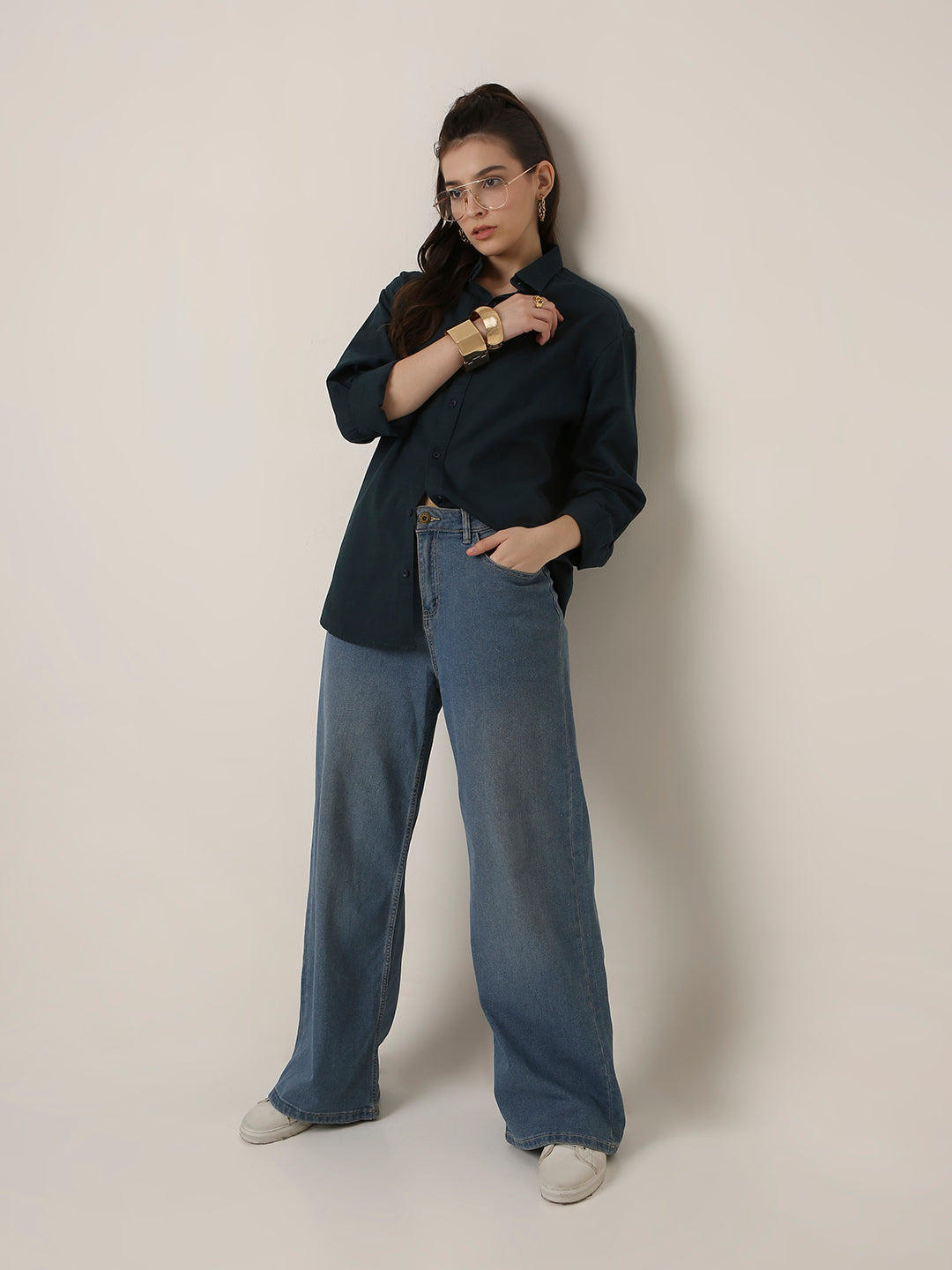 Dark Teal Solid Oversized Casual Shirt