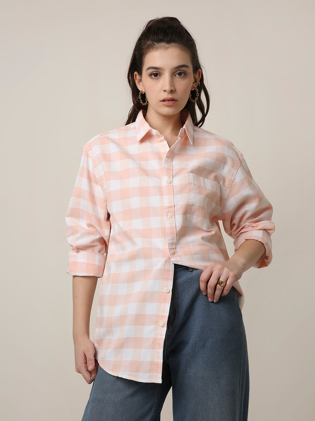 Oxford Peach Checkered Oversized Shirt