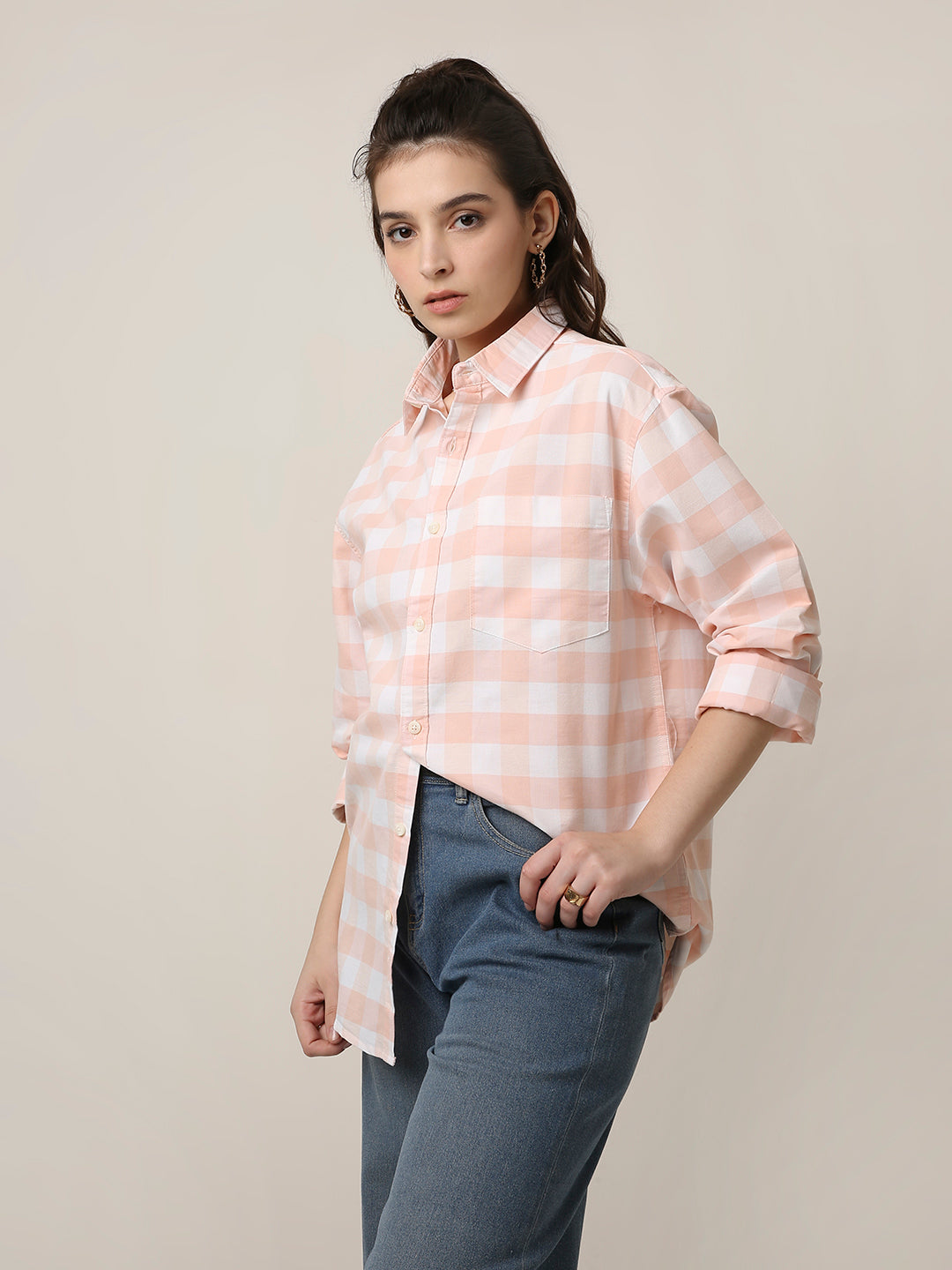 Oxford Peach Checkered Oversized Shirt