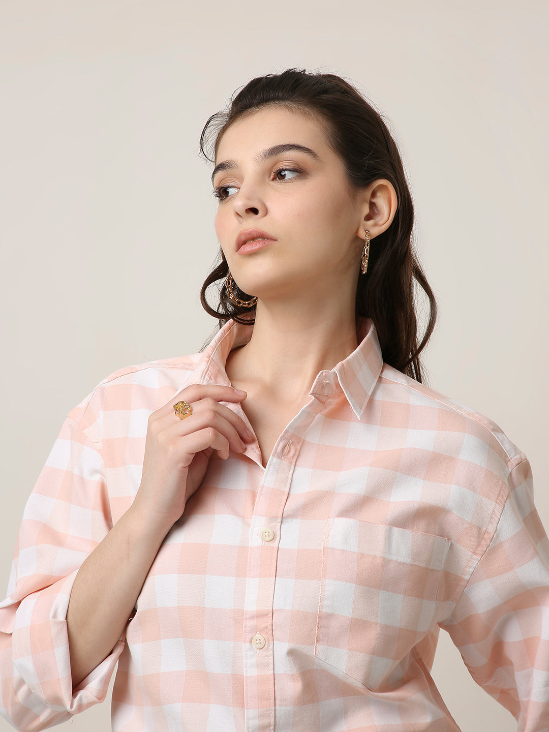 Oxford Peach Checkered Oversized Shirt