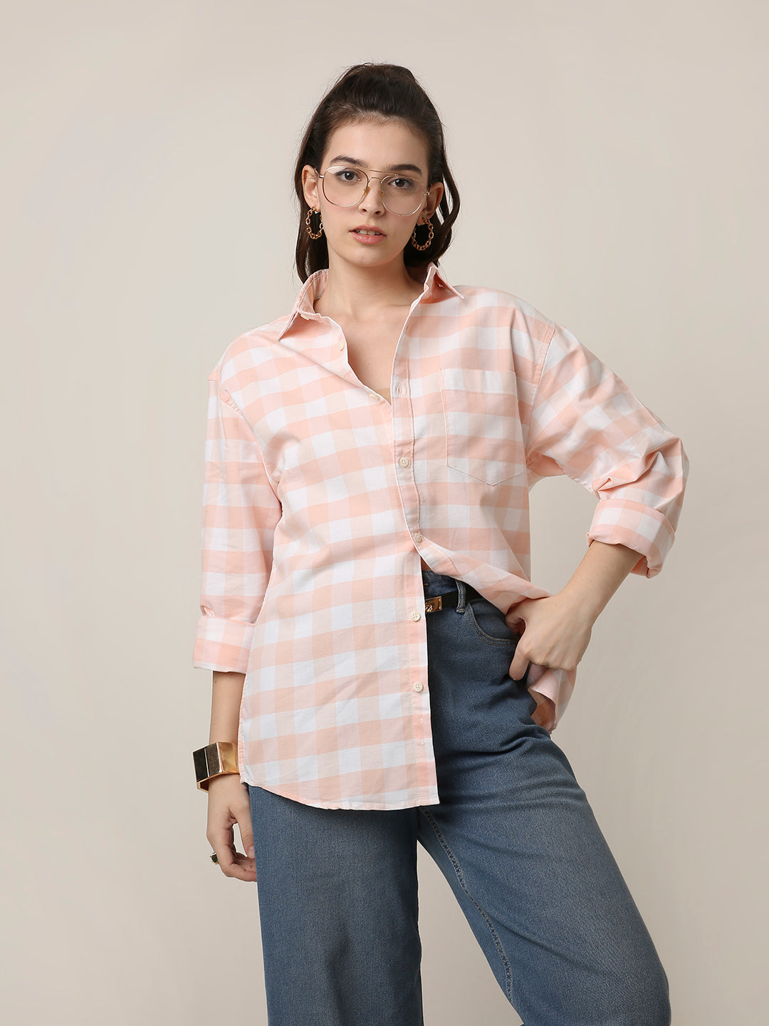 Oxford Peach Checkered Oversized Shirt