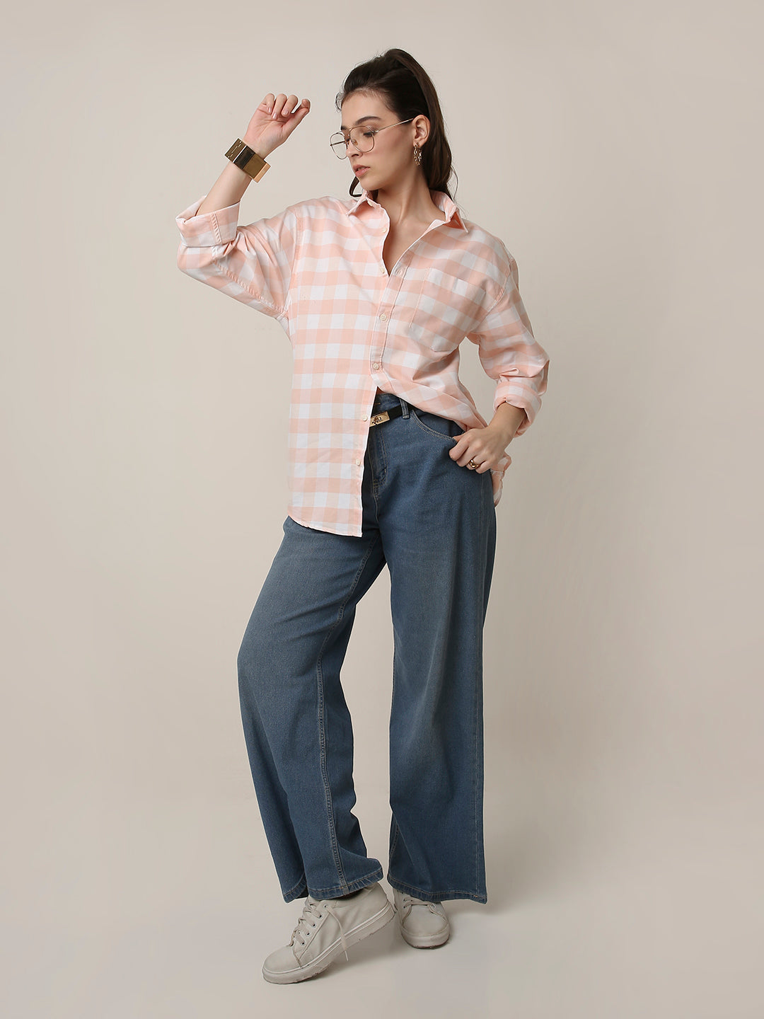 Oxford Peach Checkered Oversized Shirt