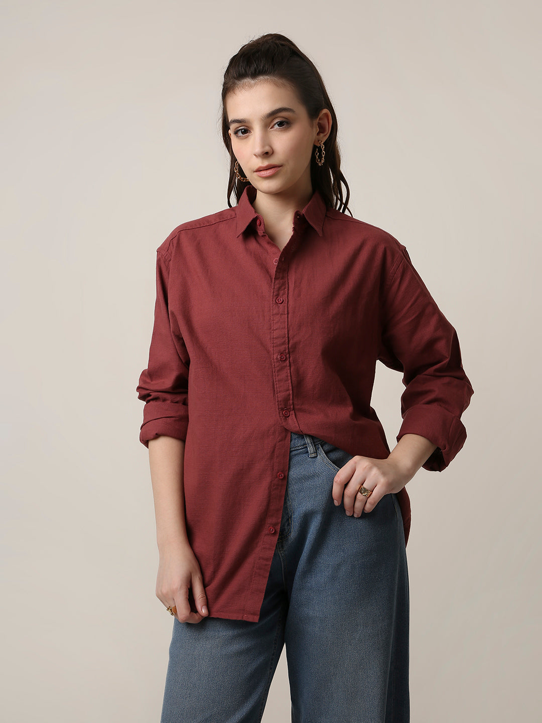 Clay Red Solid Oversized Casual Shirt