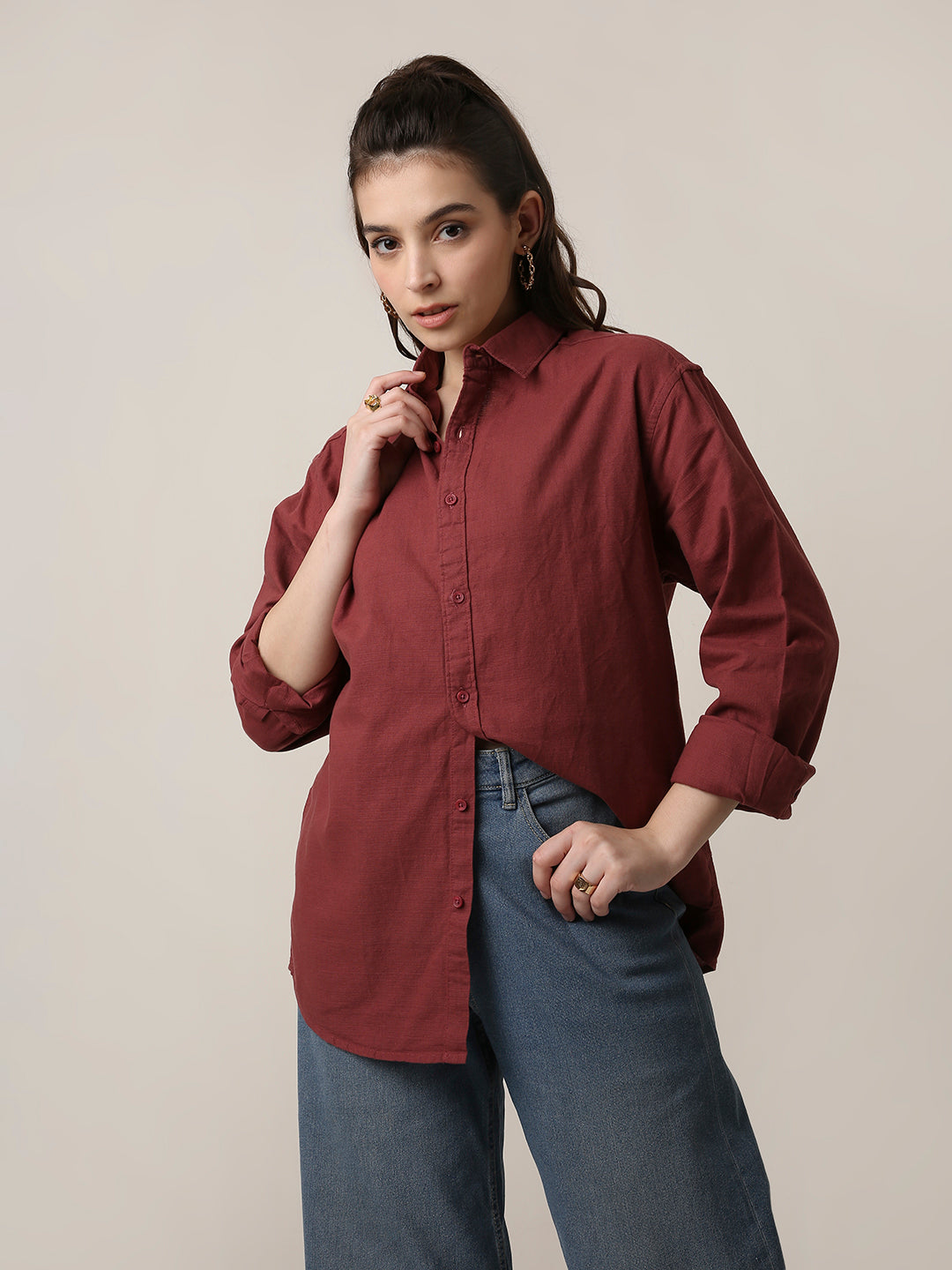 Clay Red Solid Oversized Casual Shirt