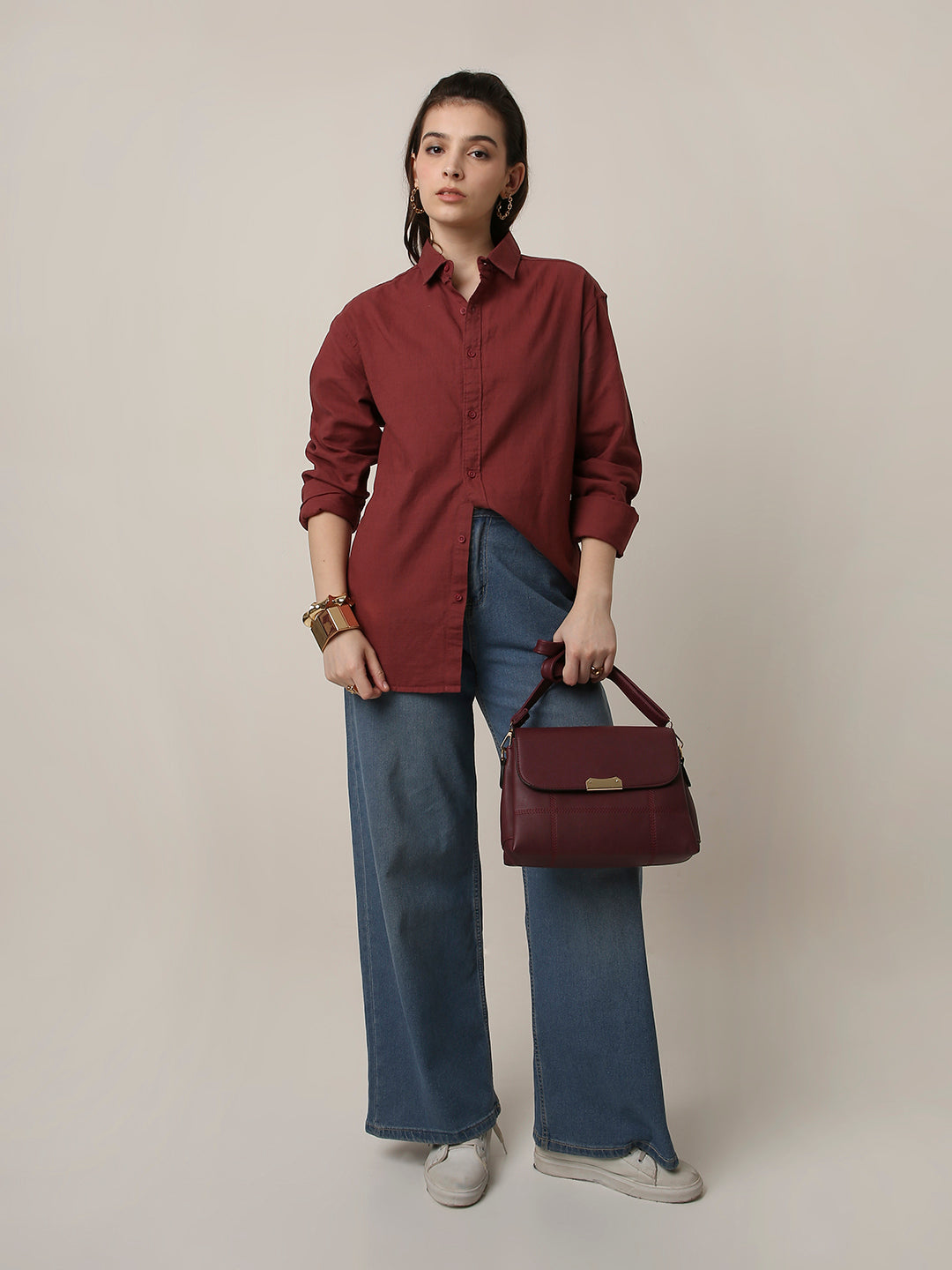 Clay Red Solid Oversized Casual Shirt