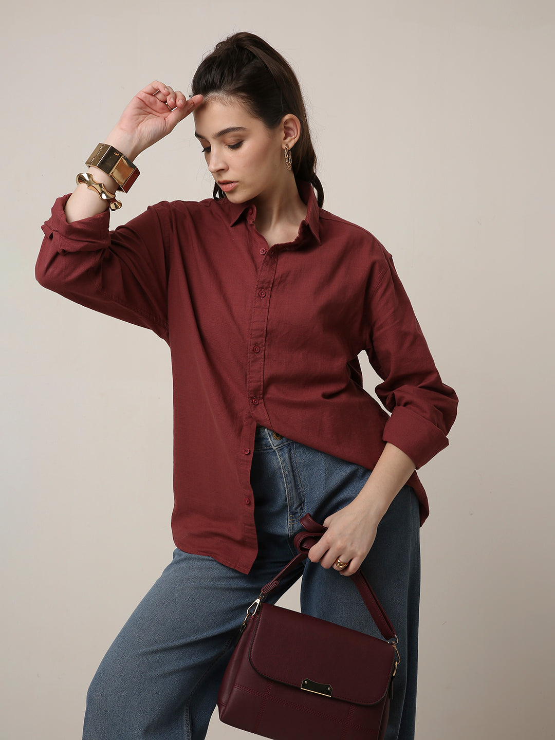 Clay Red Solid Oversized Casual Shirt