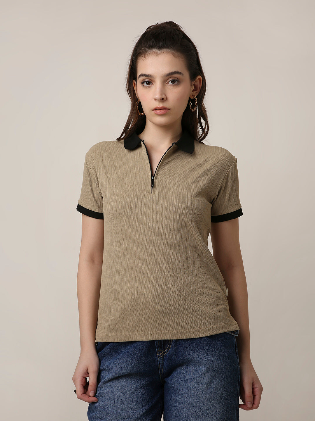 Beige Textured Zip Polo T-Shirt