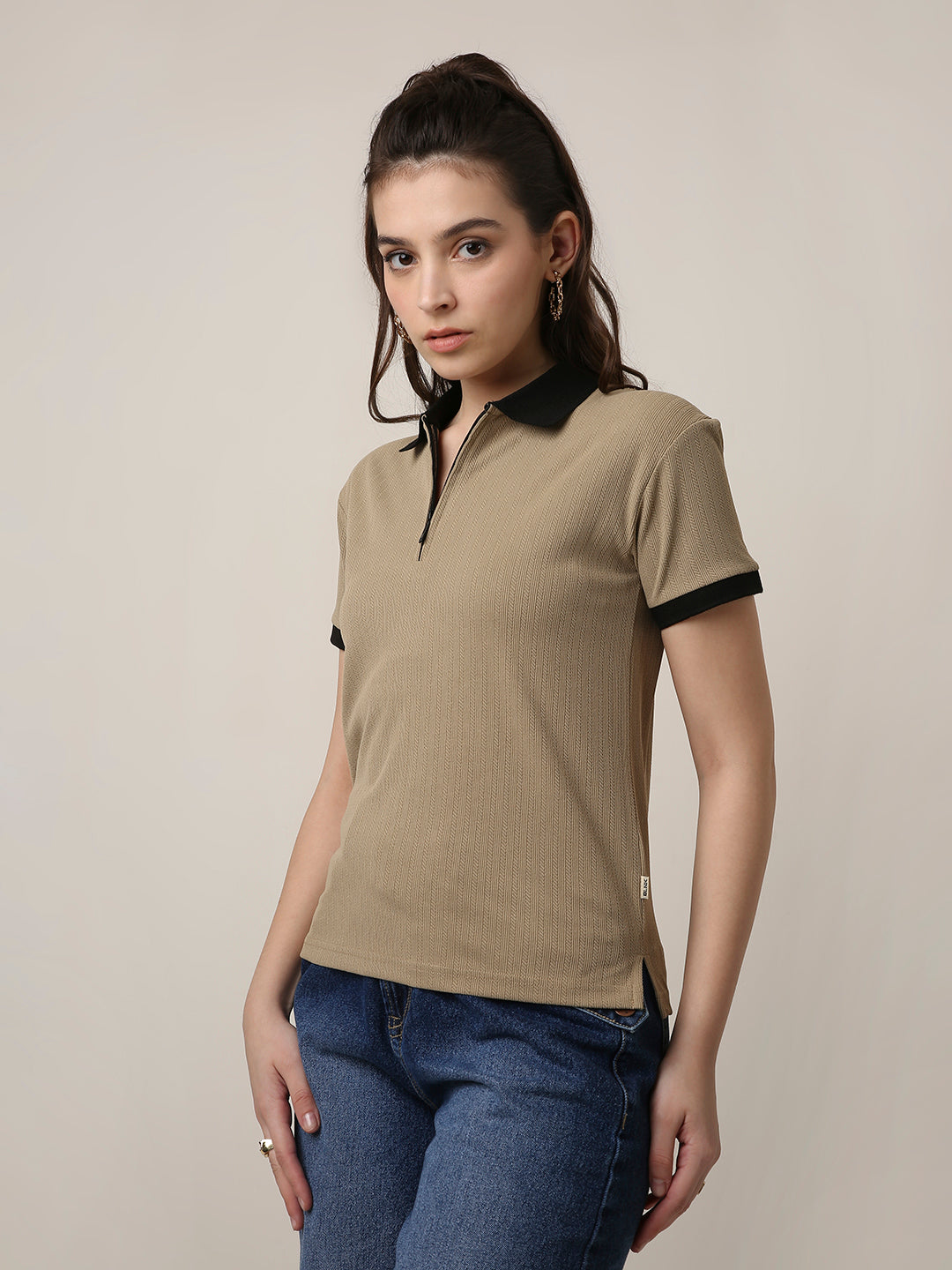 Beige Textured Zip Polo T-Shirt