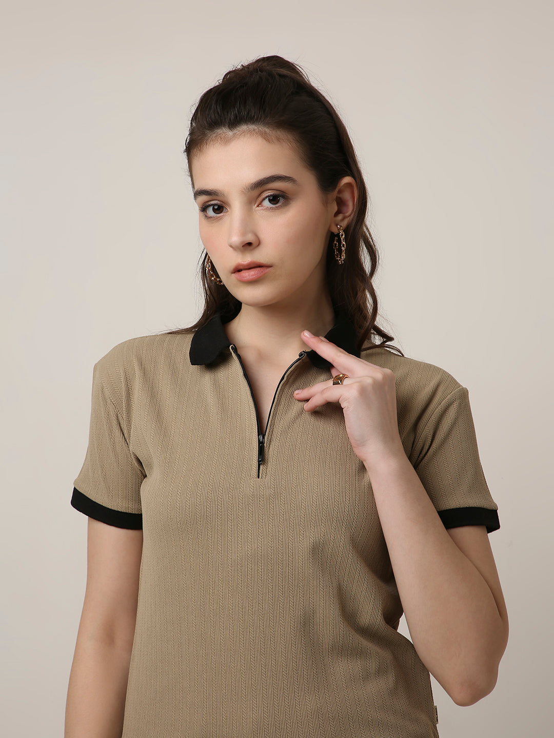 Beige Textured Zip Polo T-Shirt