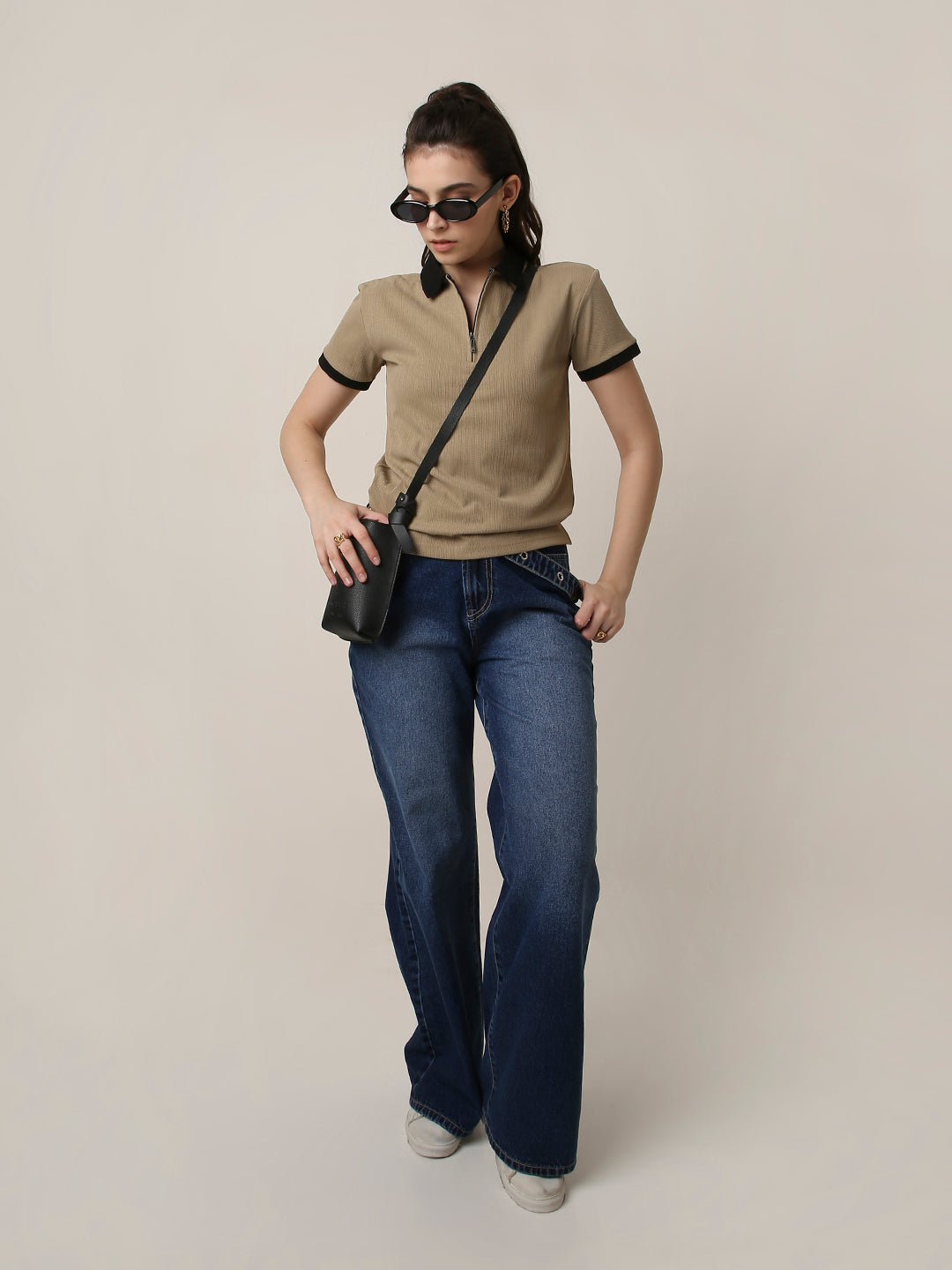 Beige Textured Zip Polo T-Shirt