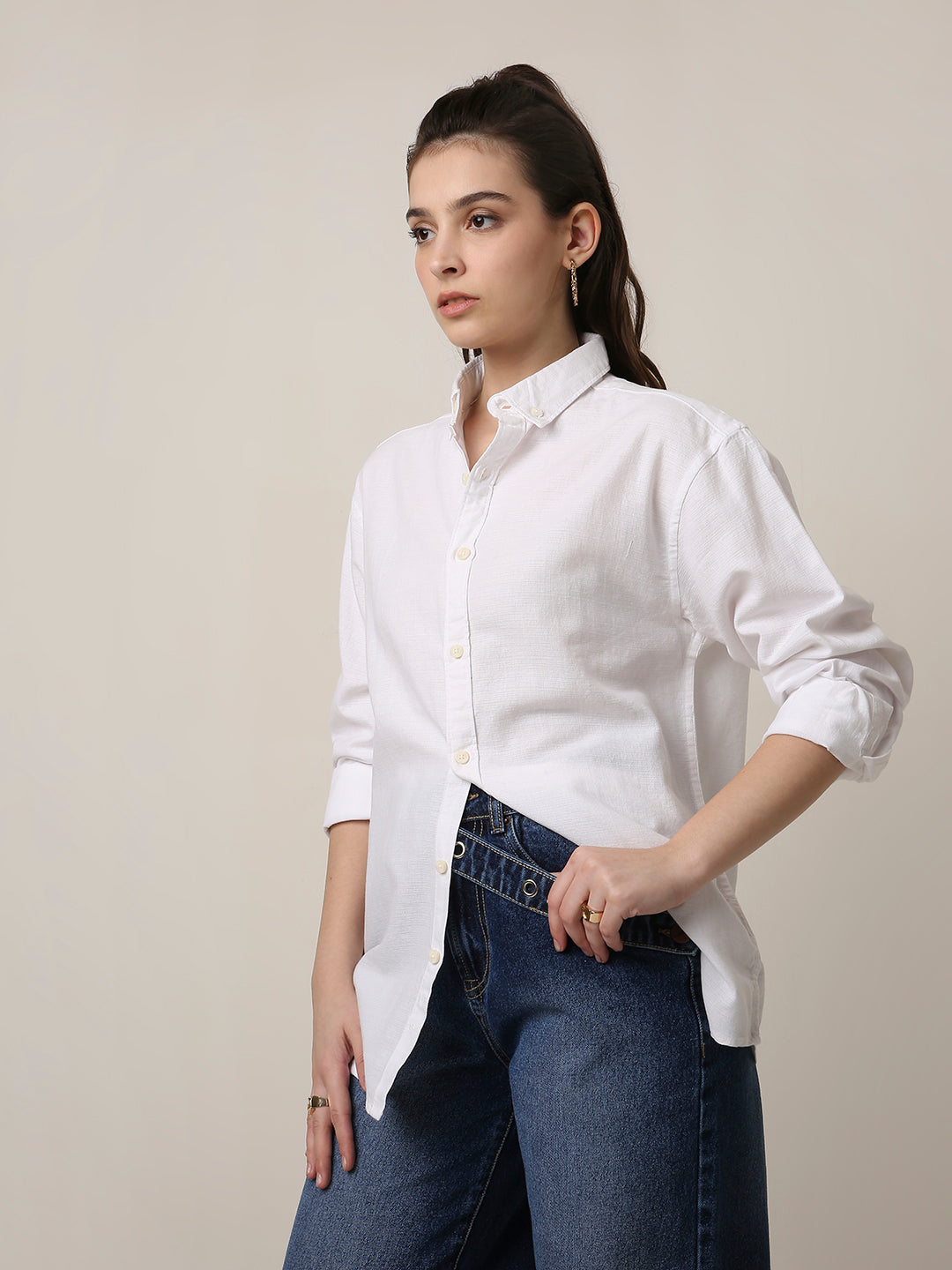 White Solid Oversized Casual Shirt