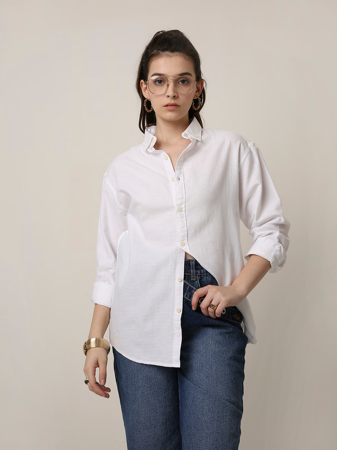 White Solid Oversized Casual Shirt