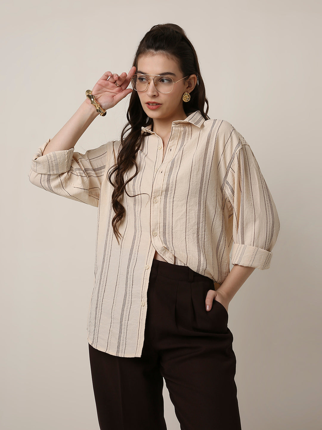 Cream Textured Stripe Oversized Shirt